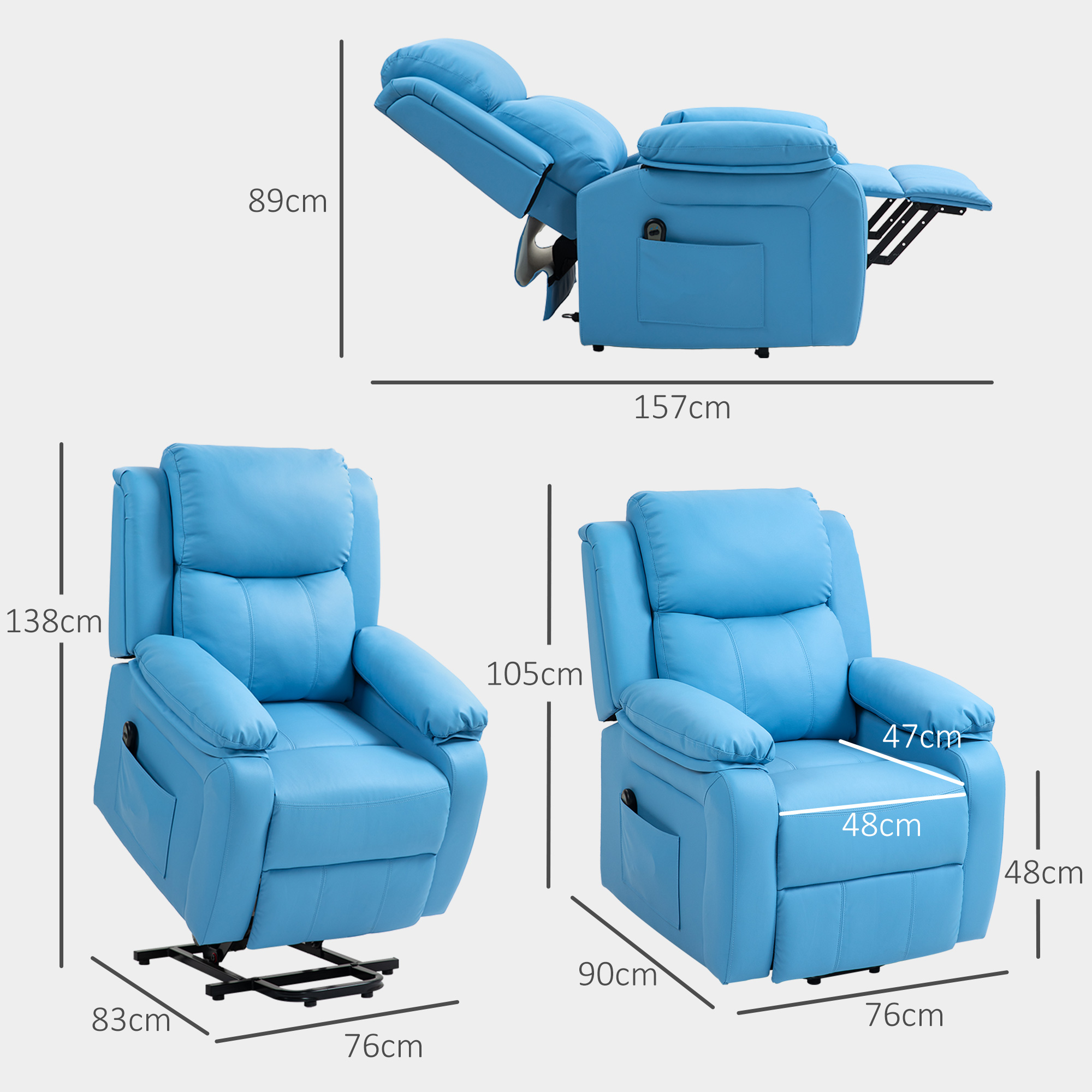 Dimensioni di due poltrone reclinabili blu in diverse posizioni, che indicano le misure di altezza, larghezza e profondità.