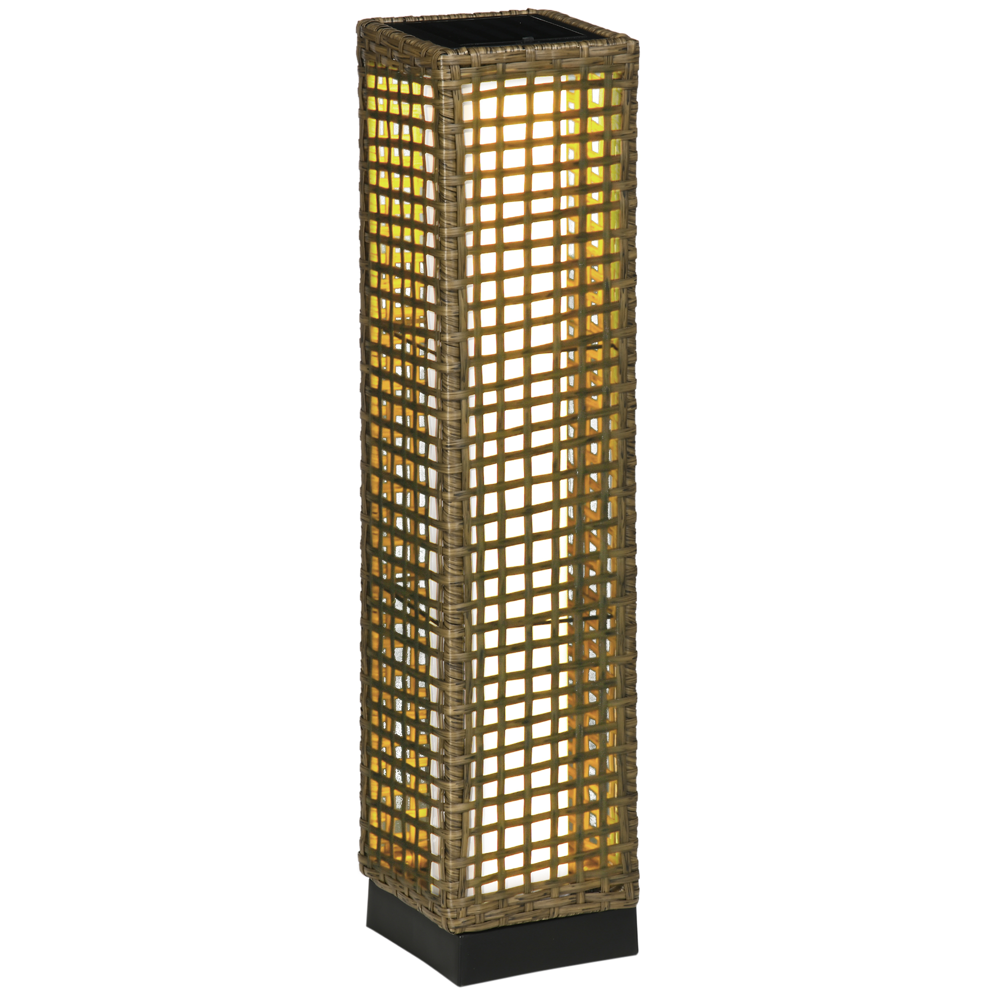Lampada rettangolare alta da esterno. Design intrecciato marrone, con base nera. Sfondo bianco.