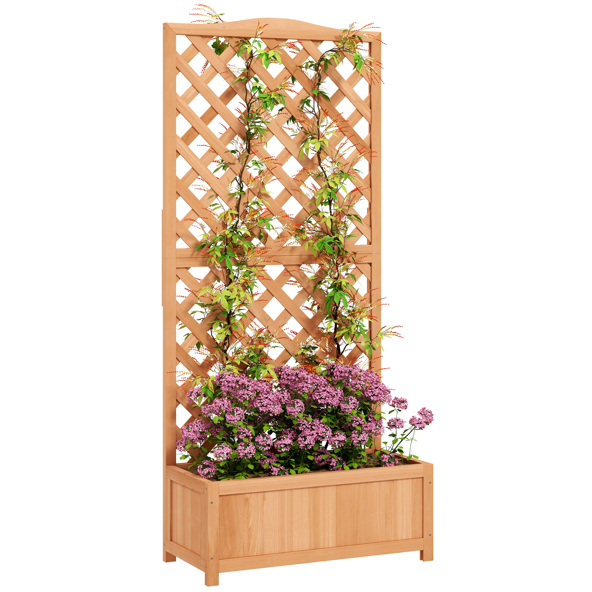 Una fioriera in legno con traliccio. Il traliccio ha un motivo a rombi. Piante con fiori rosa e foglie verdi.