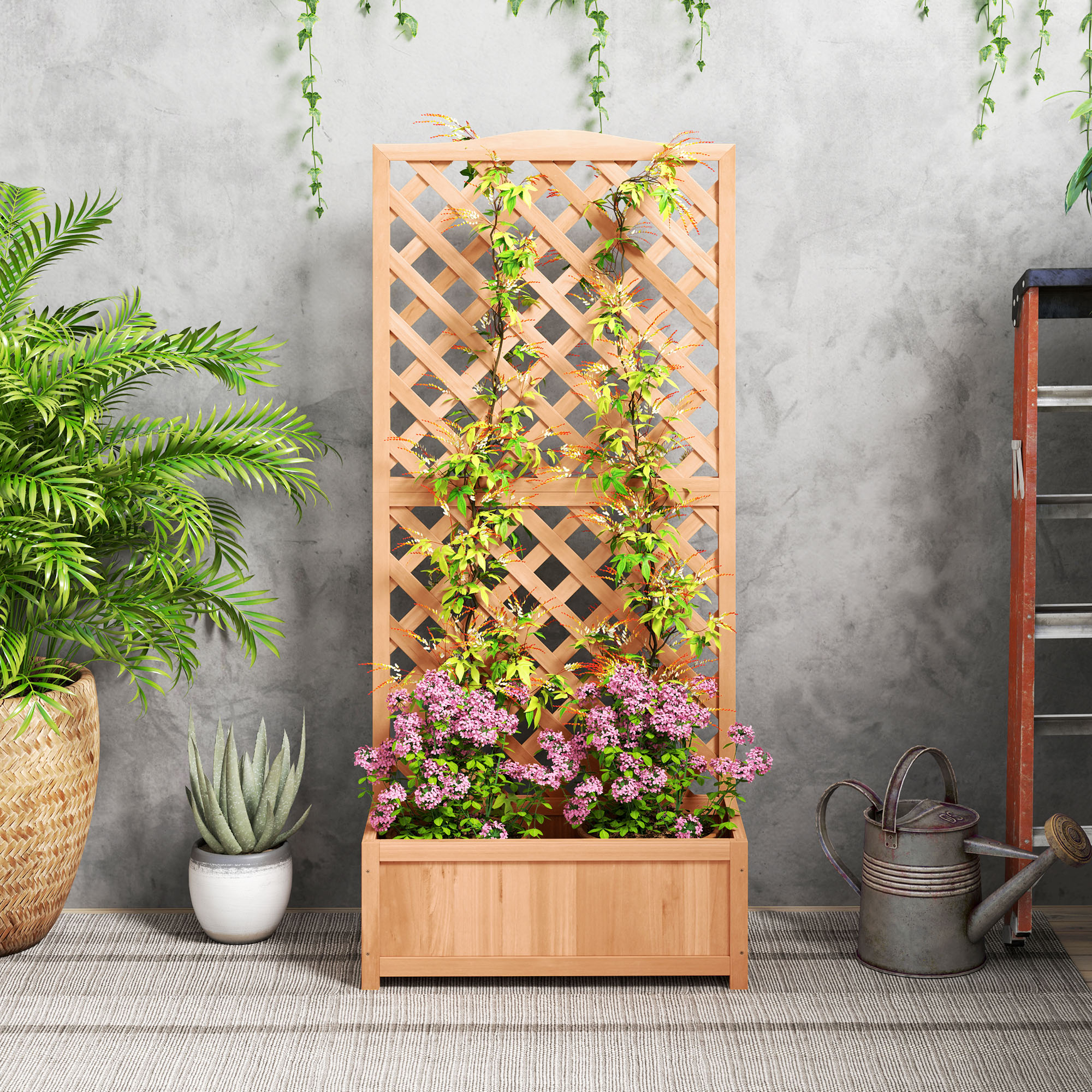 Fioriera a traliccio in legno con fiori rosa, viti verdi e un annaffiatoio. Sfondo: muro di cemento.