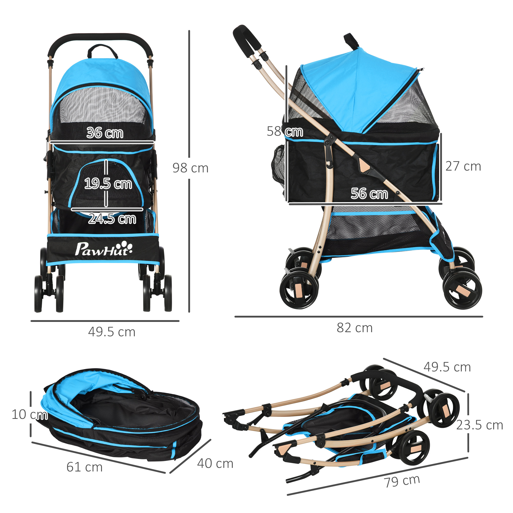 Passeggino per animali domestici con dimensioni. Schema di colori blu e nero. Viste piegate e aperte mostrate, con dimensioni.