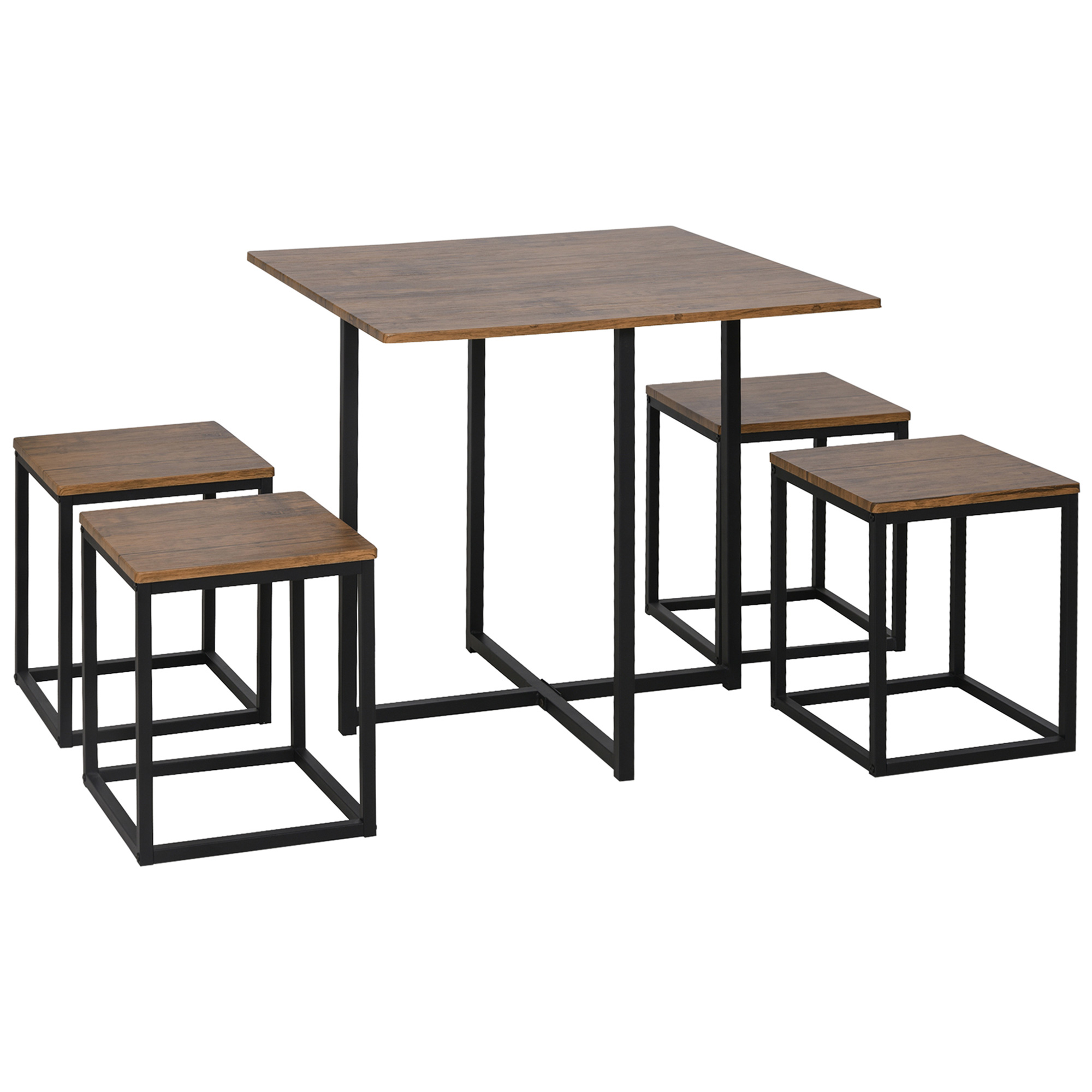 Set di quattro sgabelli quadrati attorno a un tavolo quadrato con struttura in metallo nero e piani in legno.