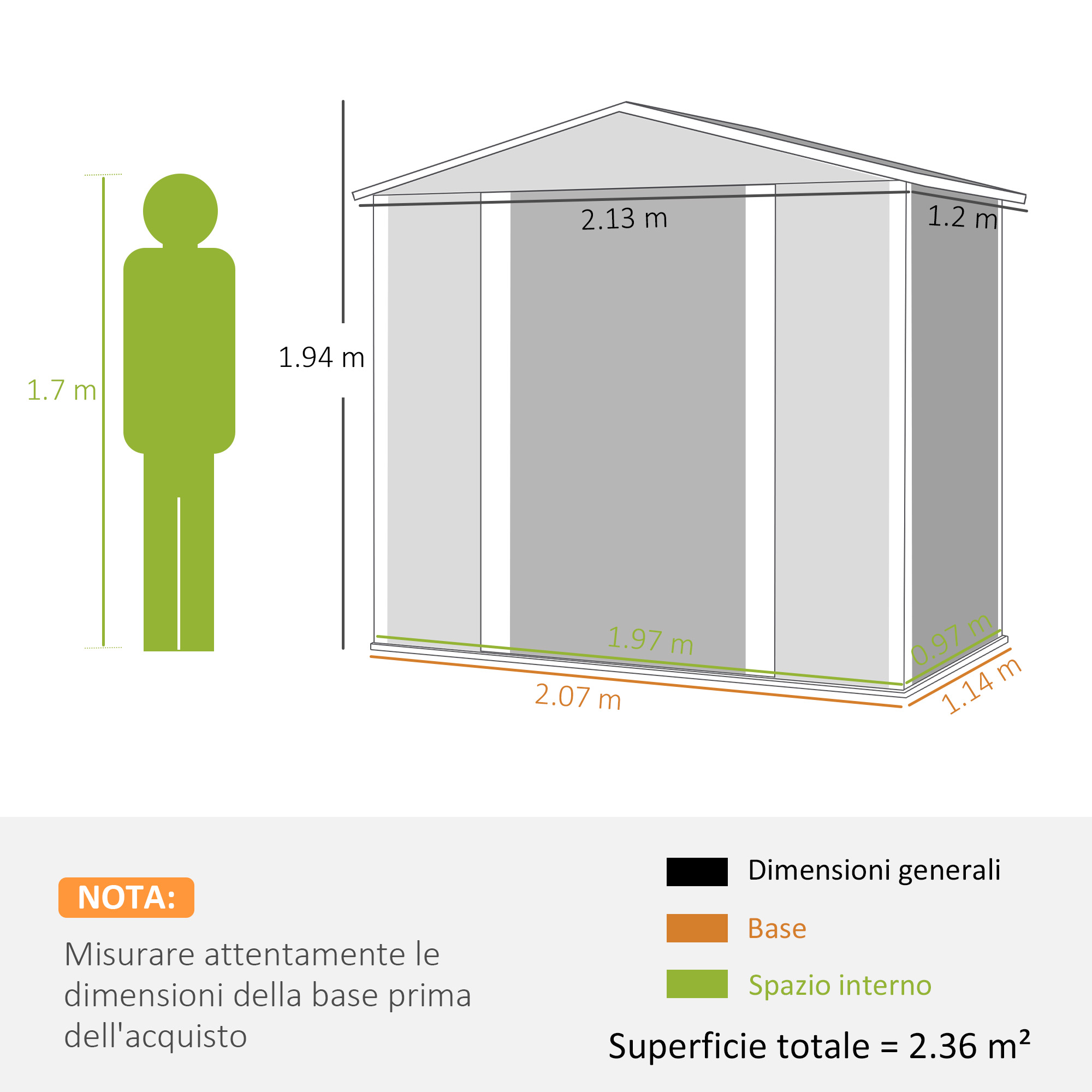 Diagramma di un capannone con dimensioni. Un'icona di persona a sinistra.