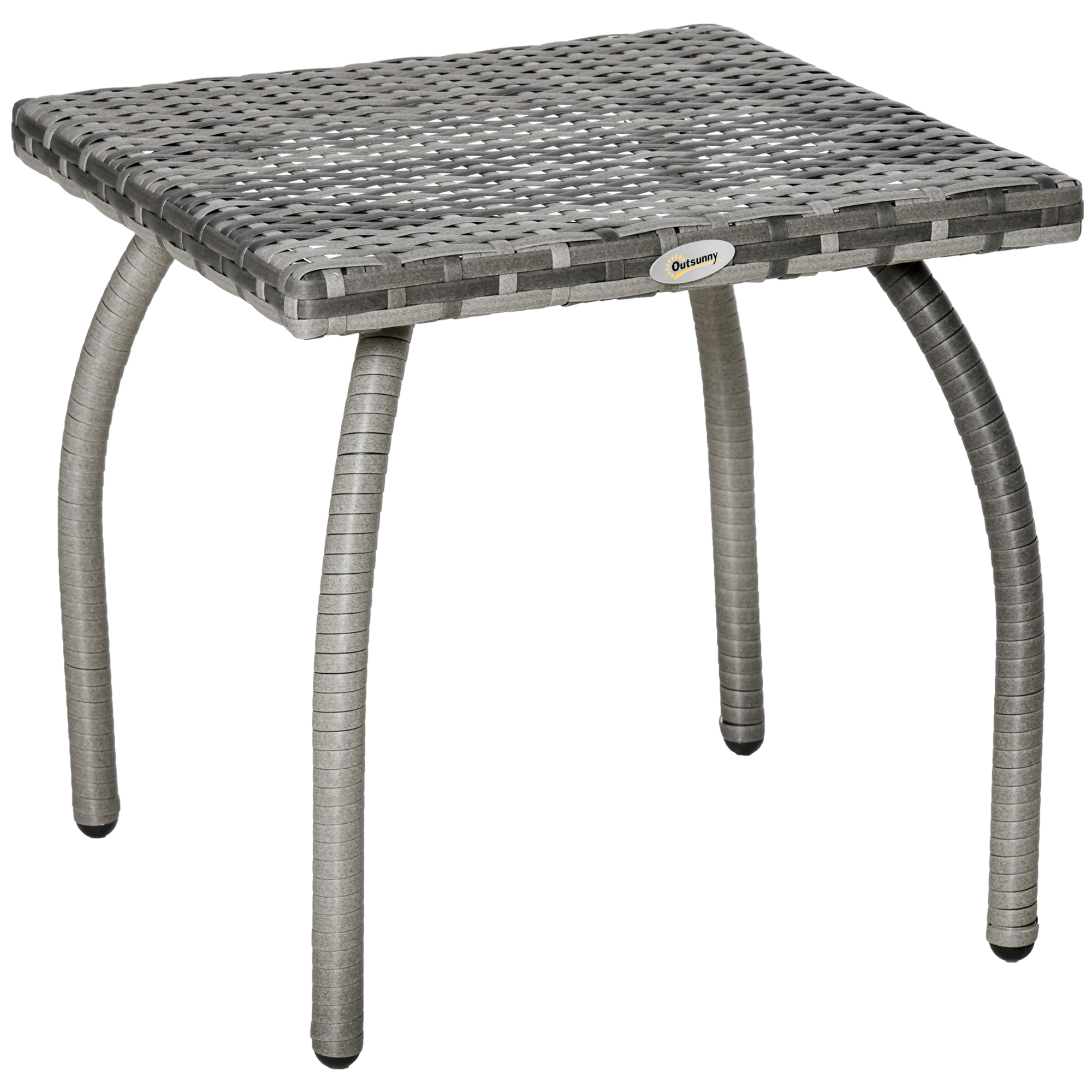 Tavolo quadrato grigio con gambe curve, in materiale intrecciato. Etichetta Outsunny.