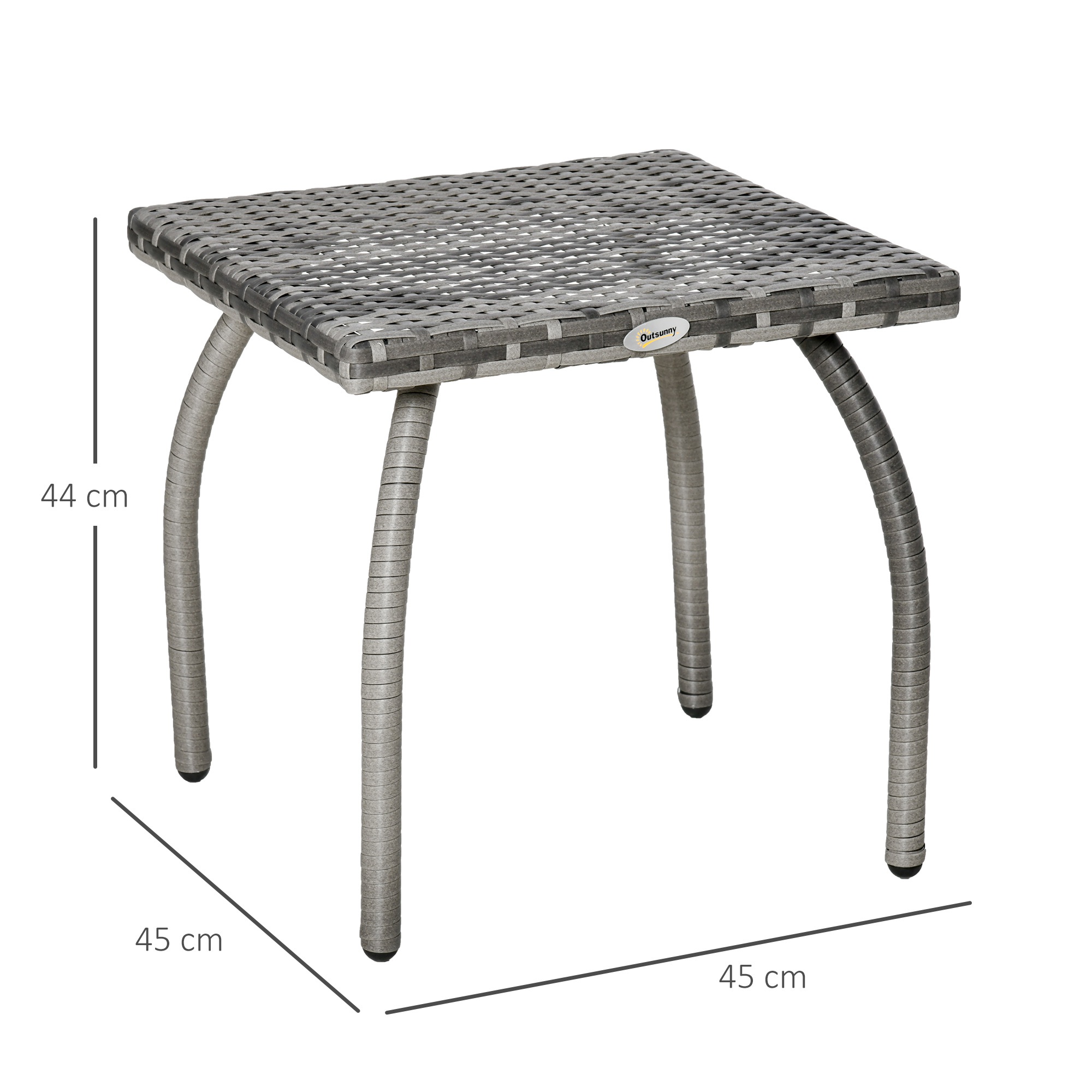 Tavolino quadrato grigio con gambe curve. Ha un piano intrecciato.