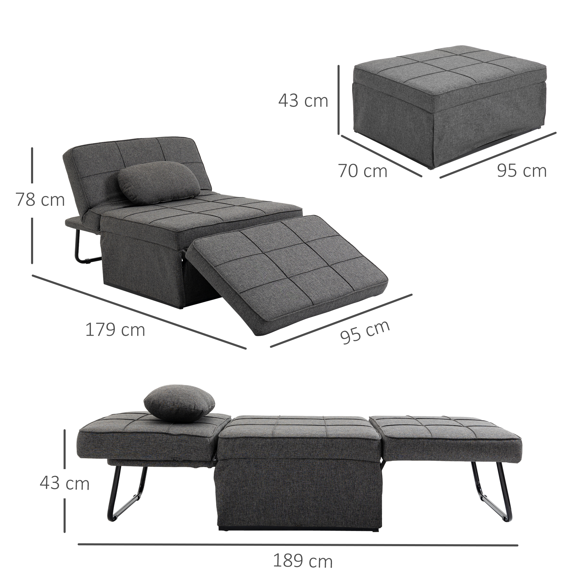Divano letto grigio convertibile con dimensioni e un piccolo cuscino.