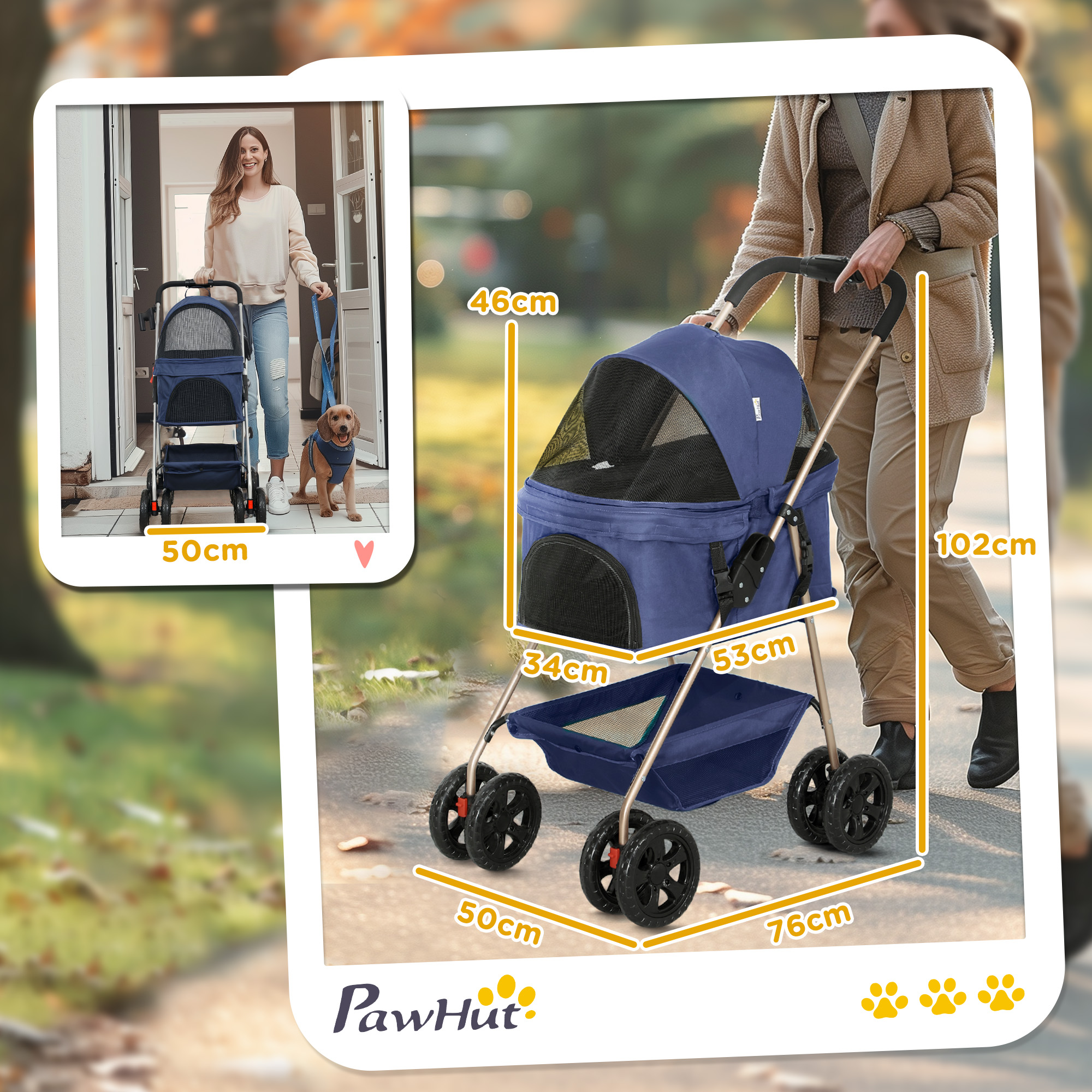 Passeggino blu per animali domestici con dimensioni. Una donna porta a spasso un cane. La scena è all'aperto.