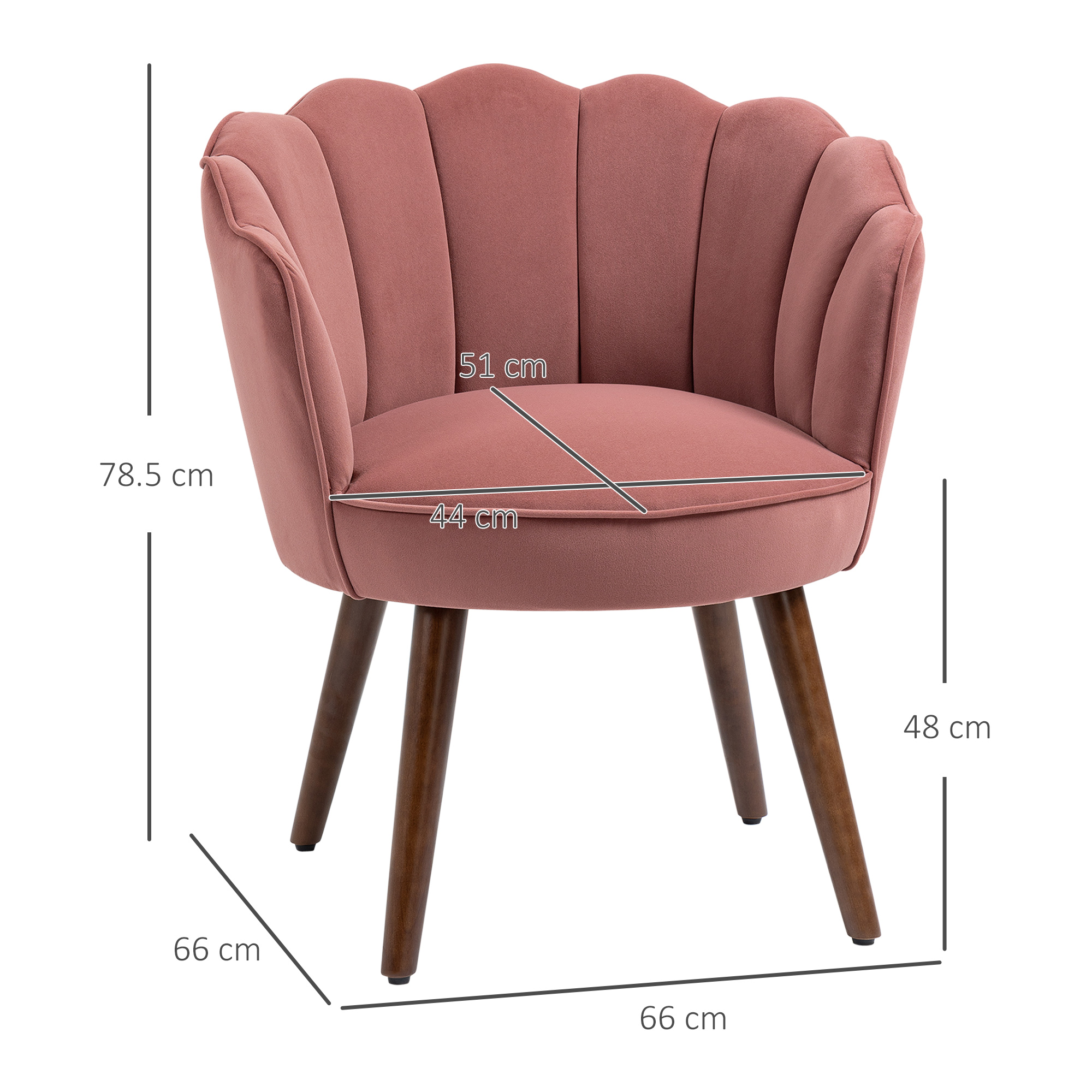 Una sedia rosa a conchiglia con gambe in legno, le dimensioni sono mostrate.