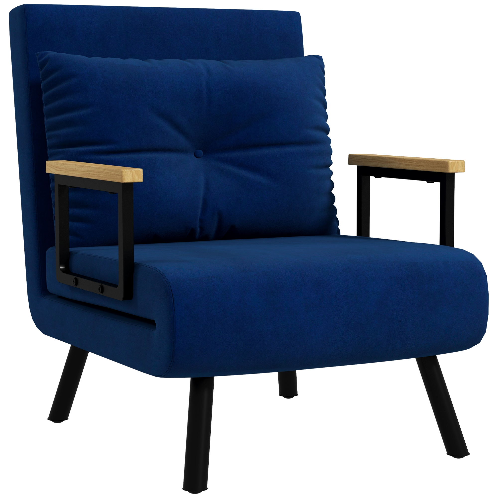 Poltrona blu con cuscino e braccioli in legno. Gambe nere. Sfondo bianco.