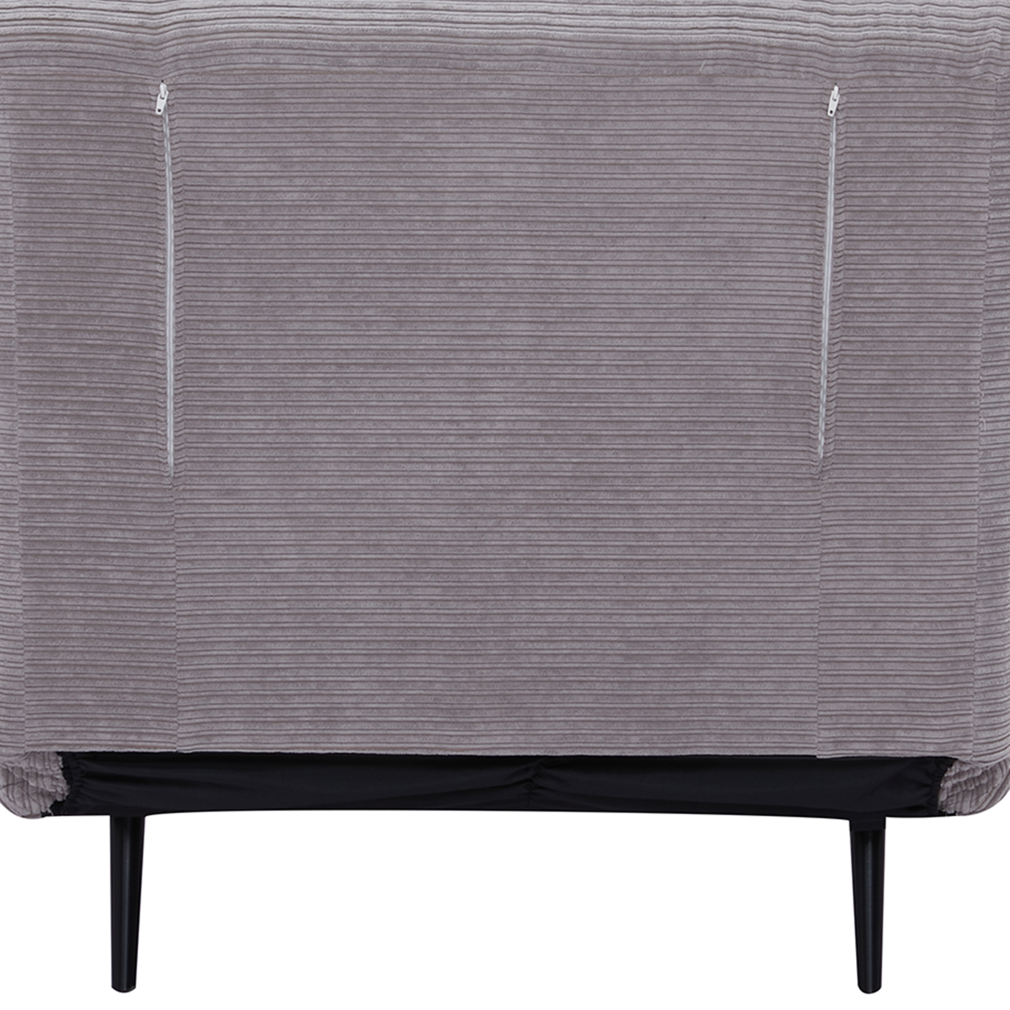 Schienale in tessuto grigio, simile al velluto a coste, con cerniere, su base nera con gambe in legno.