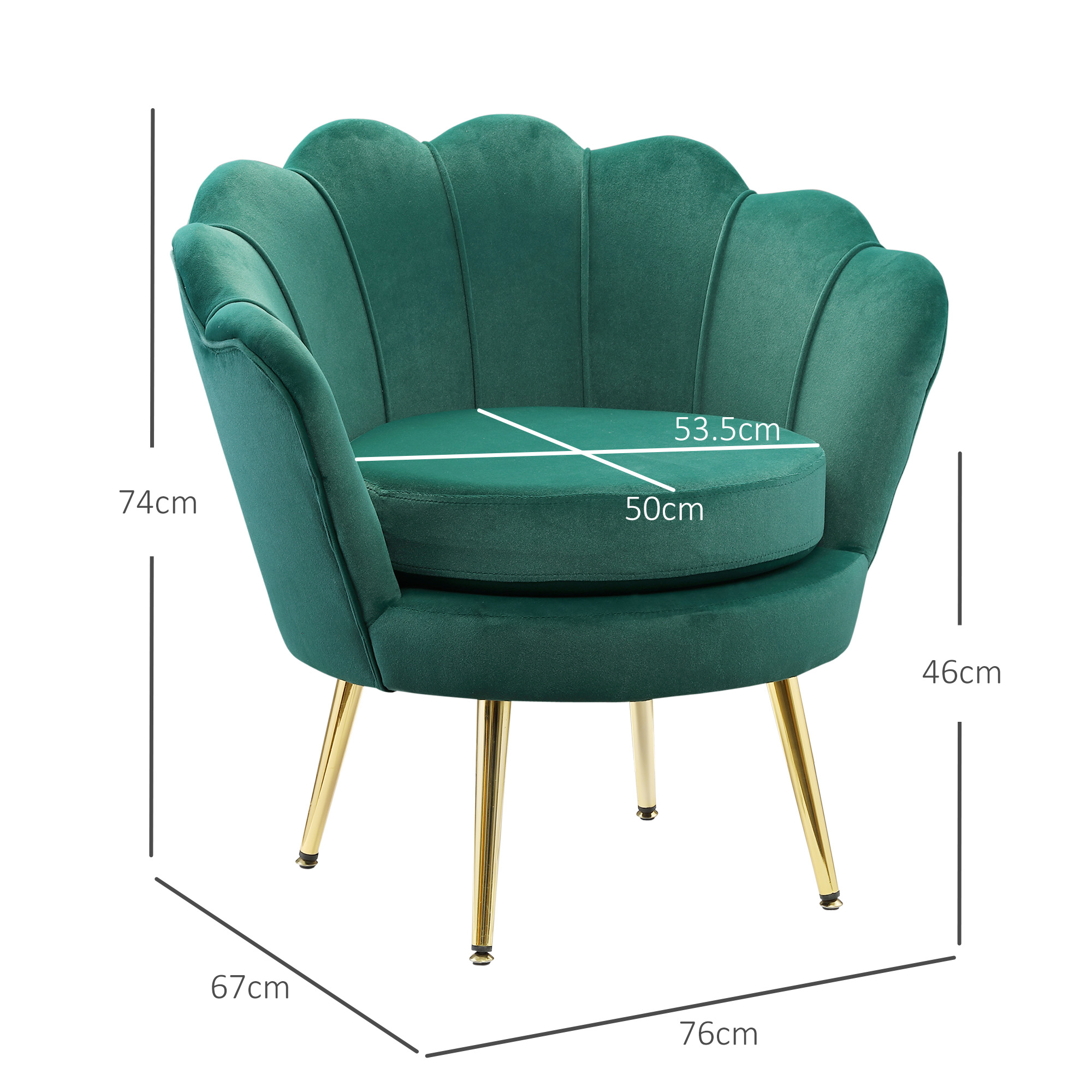 Sedia a conchiglia in velluto verde con gambe dorate. Dimensioni segnate con linee bianche.
