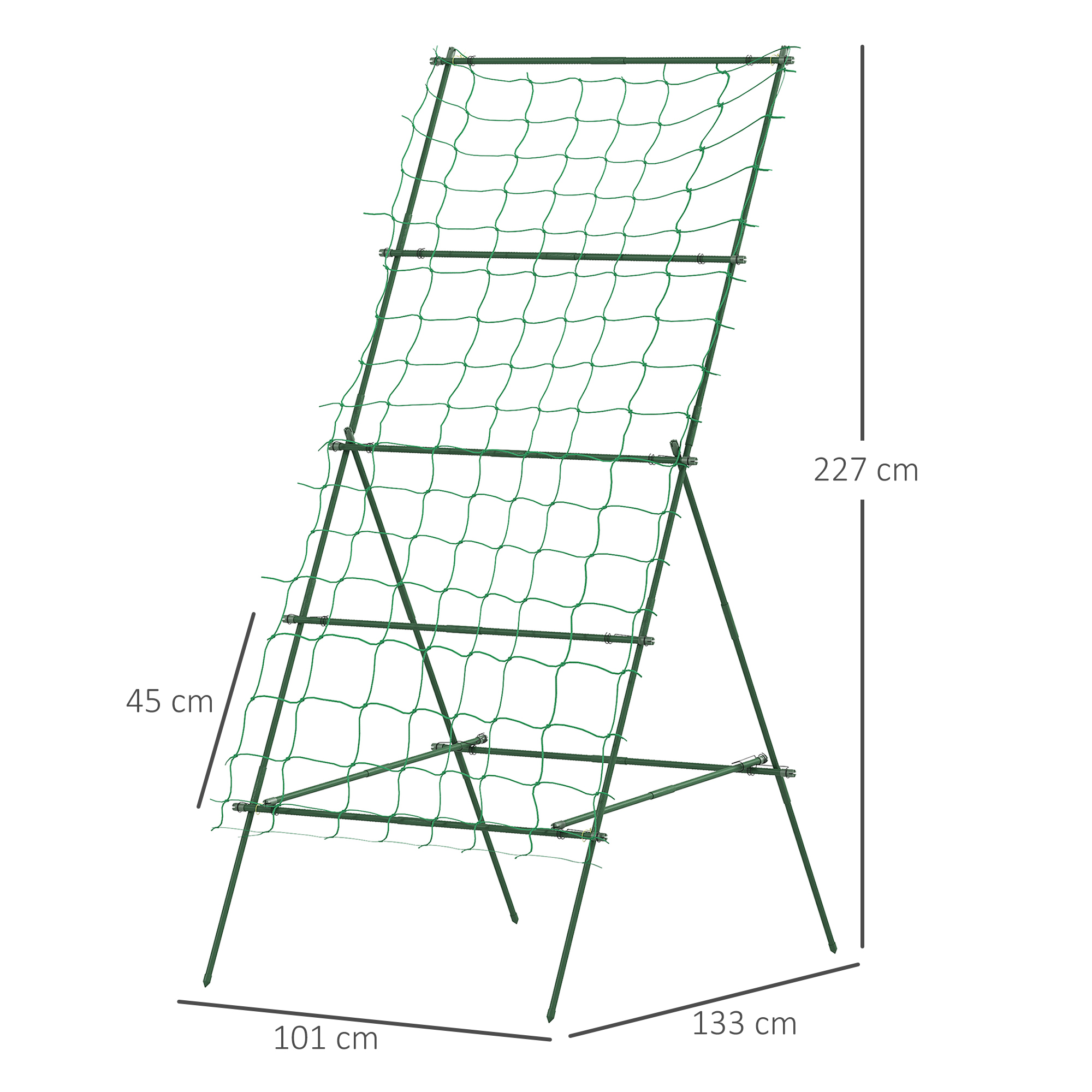 Traliccio verde con dimensioni. Sfondo bianco. Struttura in metallo e rete.