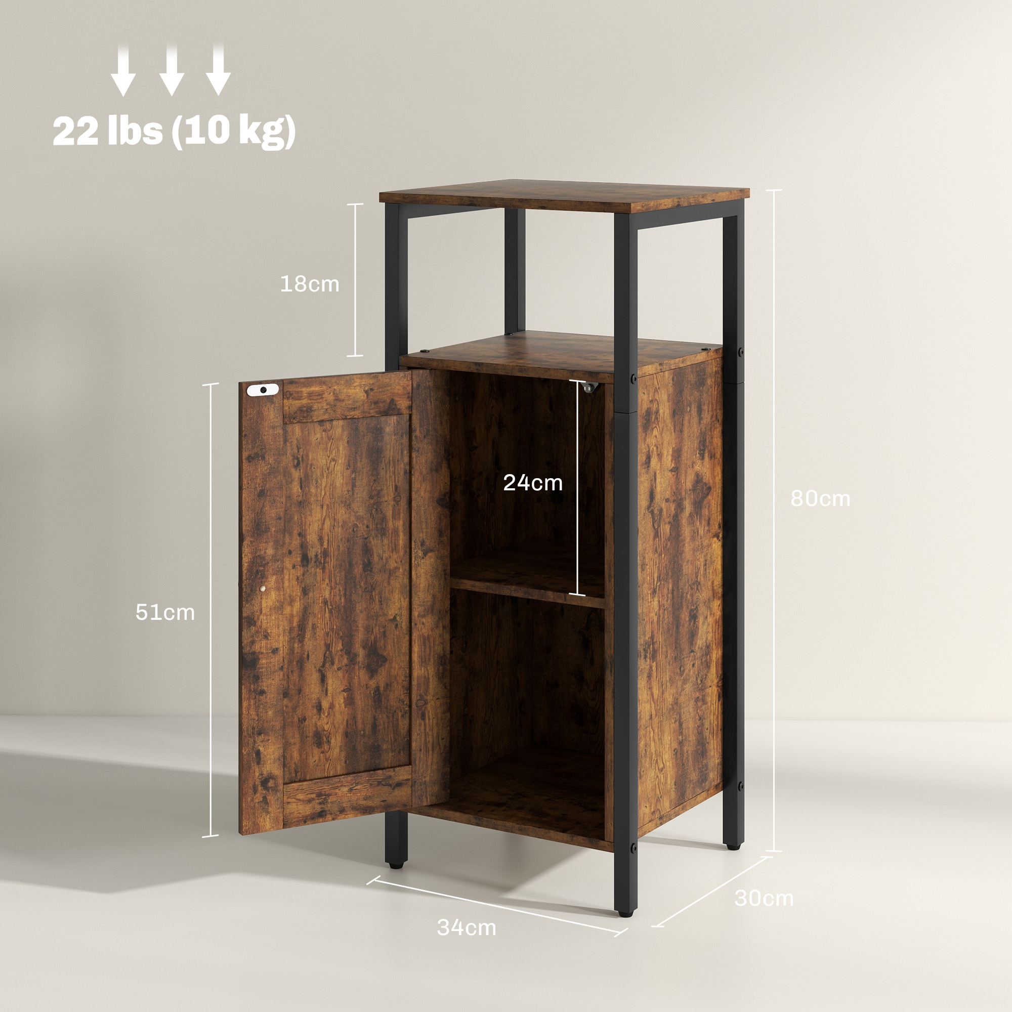 Un mobile marrone con la porta aperta. Dimensioni: 80 cm altezza, 34 cm larghezza, 30 cm profondità.