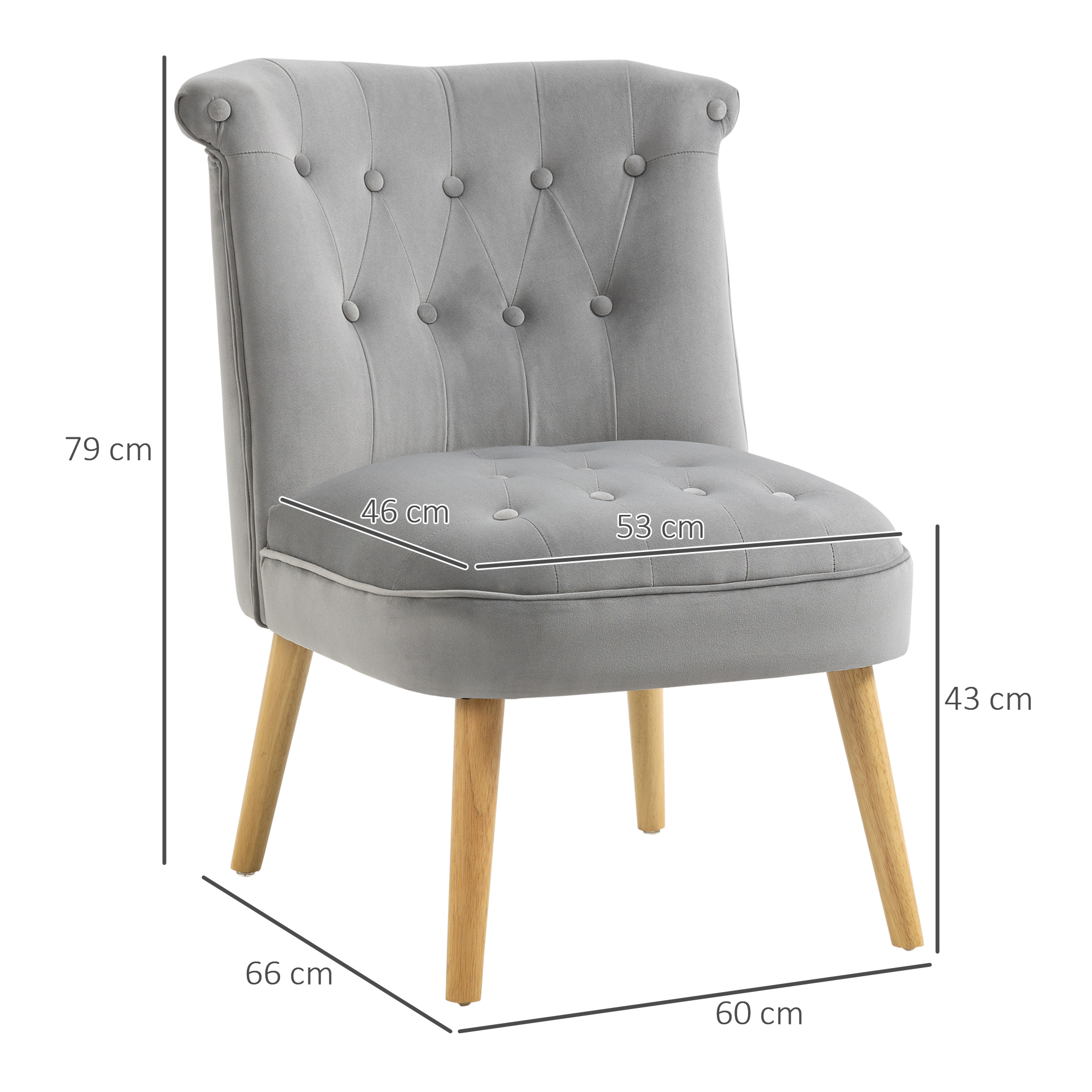 Una sedia grigia con schienale a bottoni e gambe in legno, dimensioni: 79x66x60x46x53x43cm.
