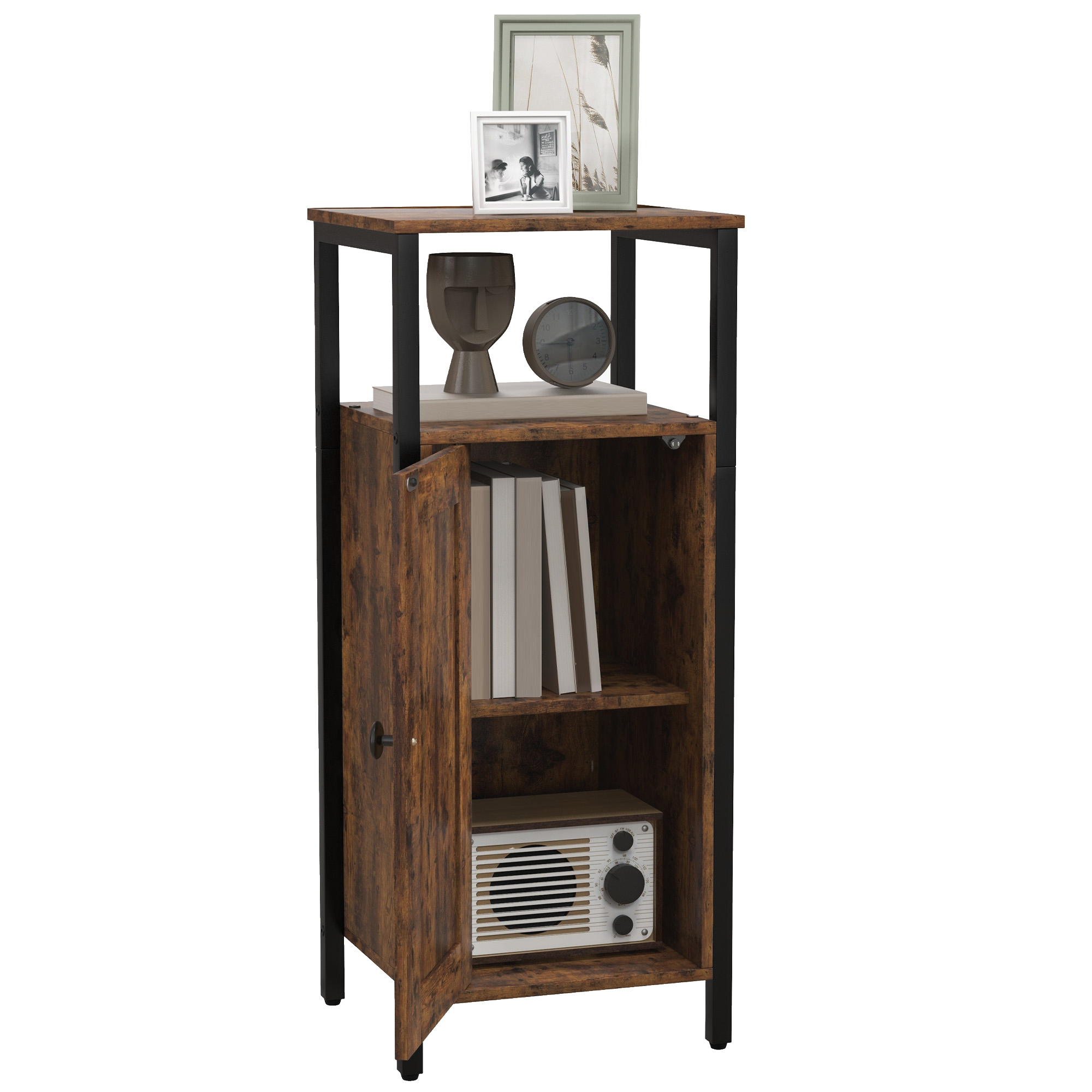Un mobile in legno con porta aperta, libri e oggetti decorativi. Cornice in metallo nero.