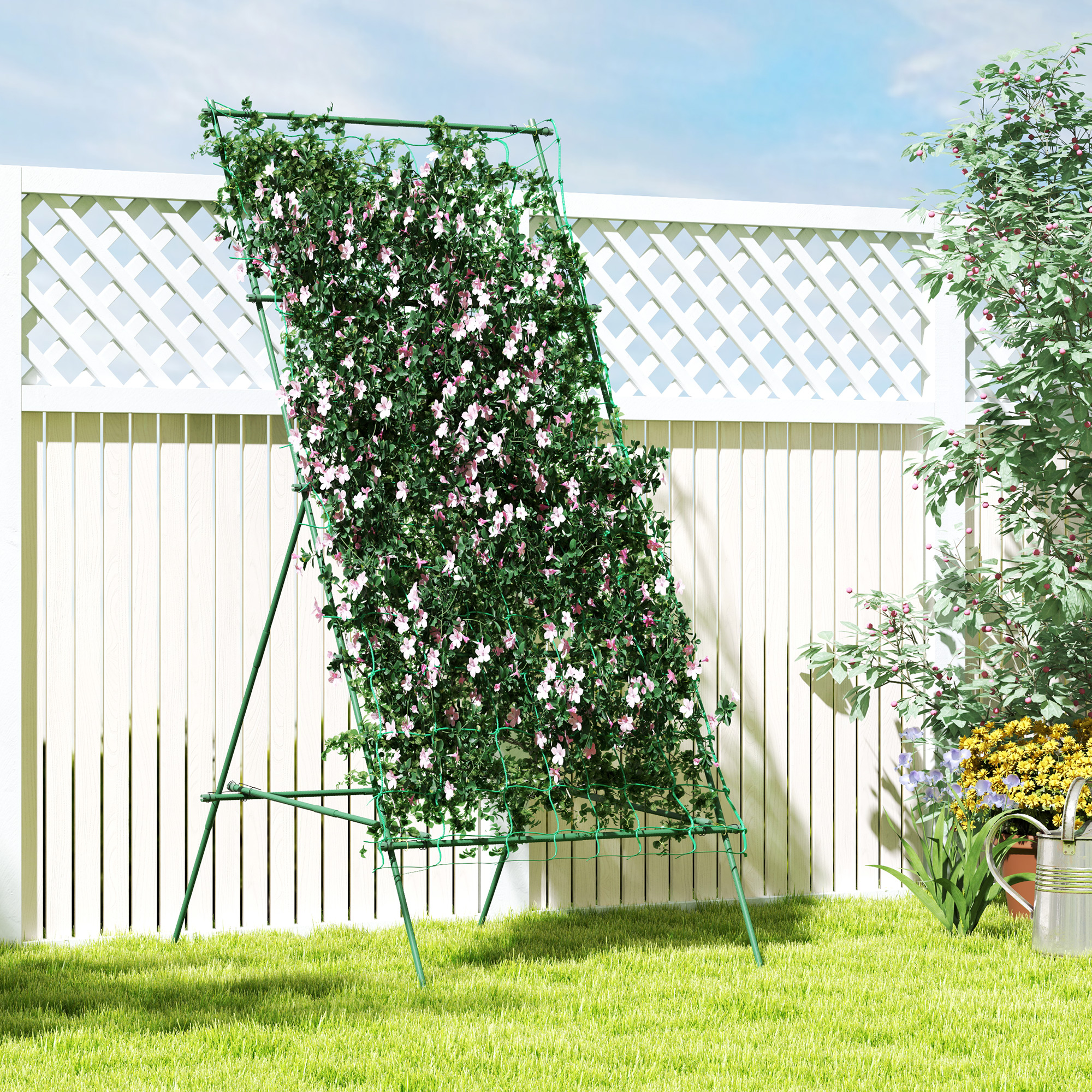 Traliccio verde con piante rampicanti e fiori bianchi in giardino.