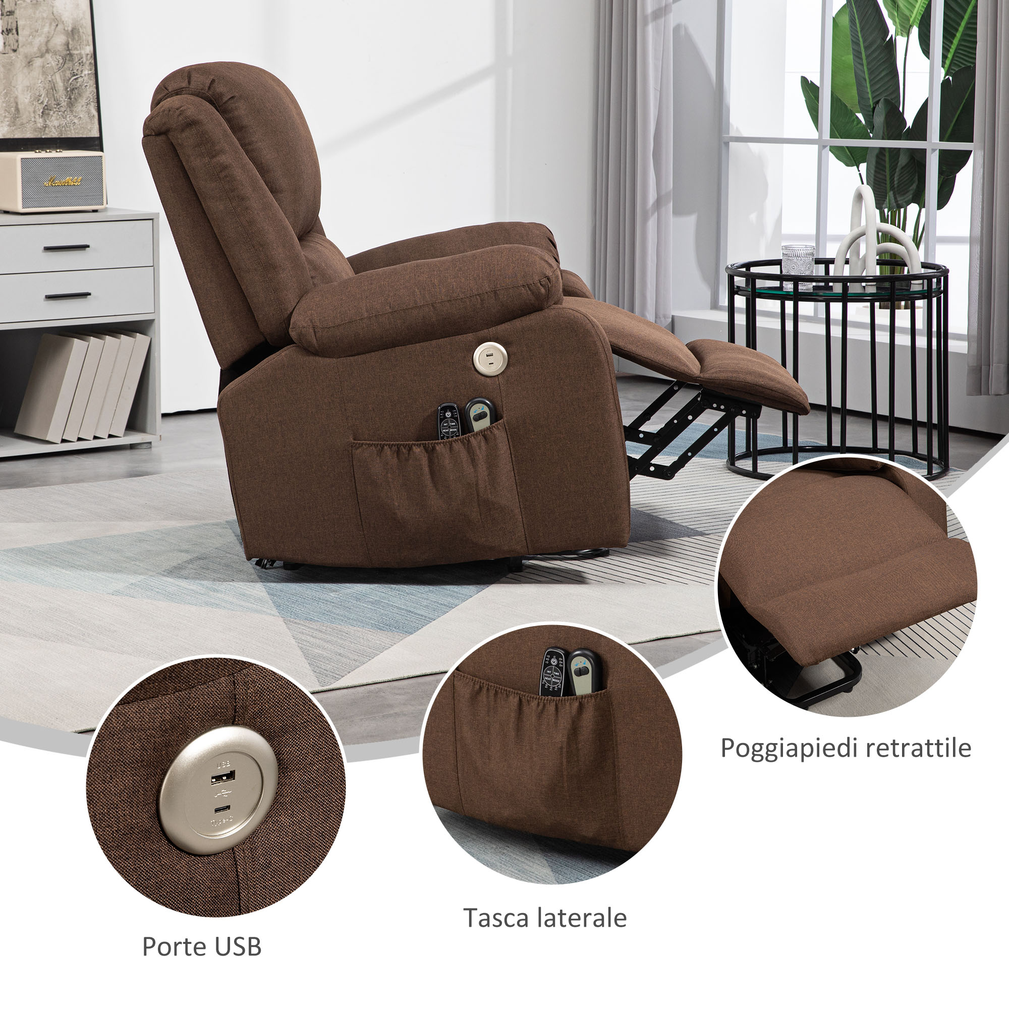 Poltrona reclinabile marrone con dettagli. Porte USB e tasca laterale visibili.