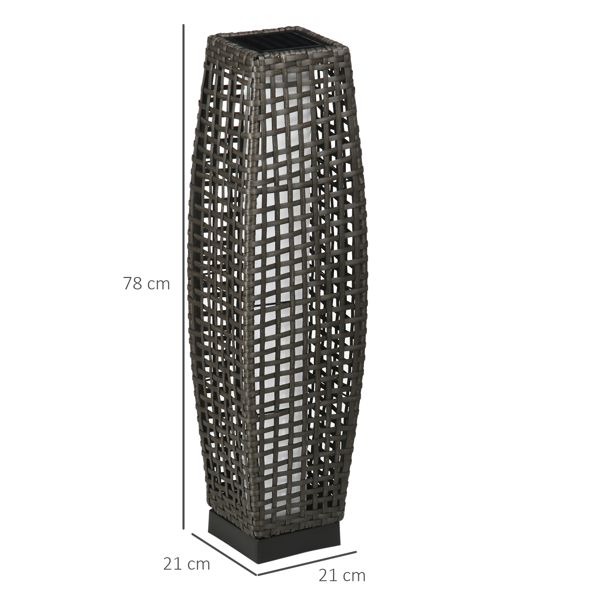 Lampada alta da esterno in vimini marrone con base quadrata e illuminazione interna bianca.