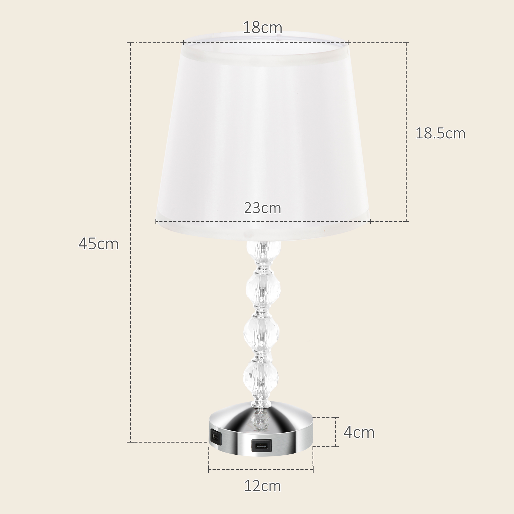 Lampada bianca con base e paralume in cristallo trasparente, con misure.