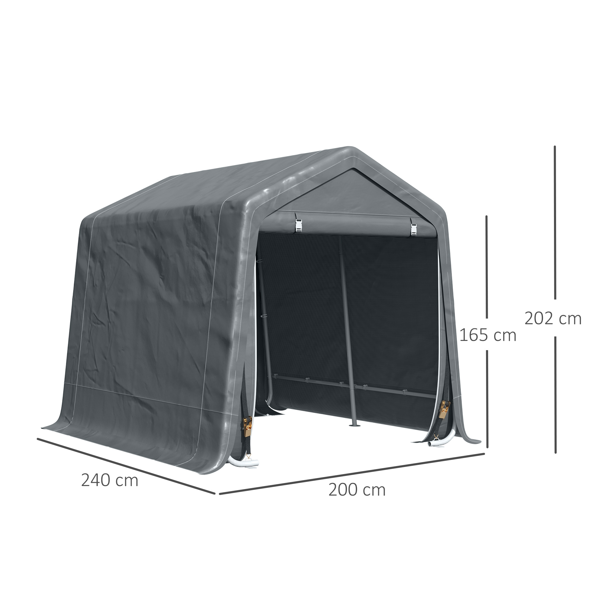 Un carport grigio con dimensioni. Tetto a punta, porta a rete e supporti metallici. Dimensioni: 240x200x202 cm.