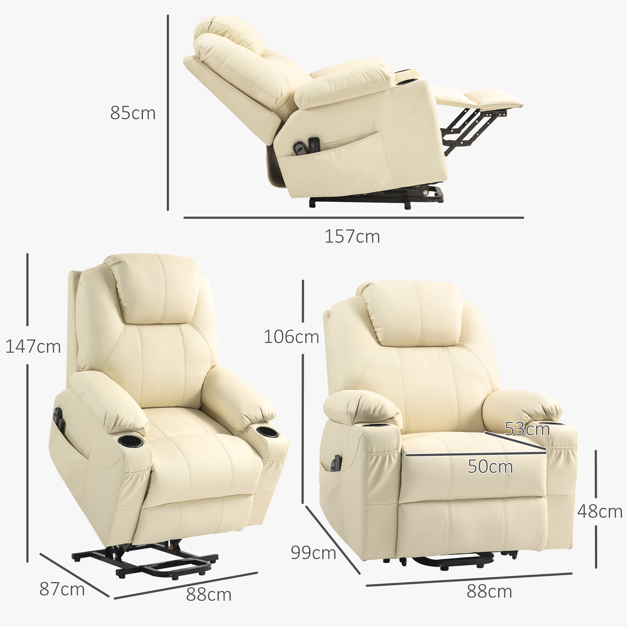Tre poltrone reclinabili beige con dimensioni: 147x87x88x48x50x53cm, 85x157cm e 106x88x99cm.
