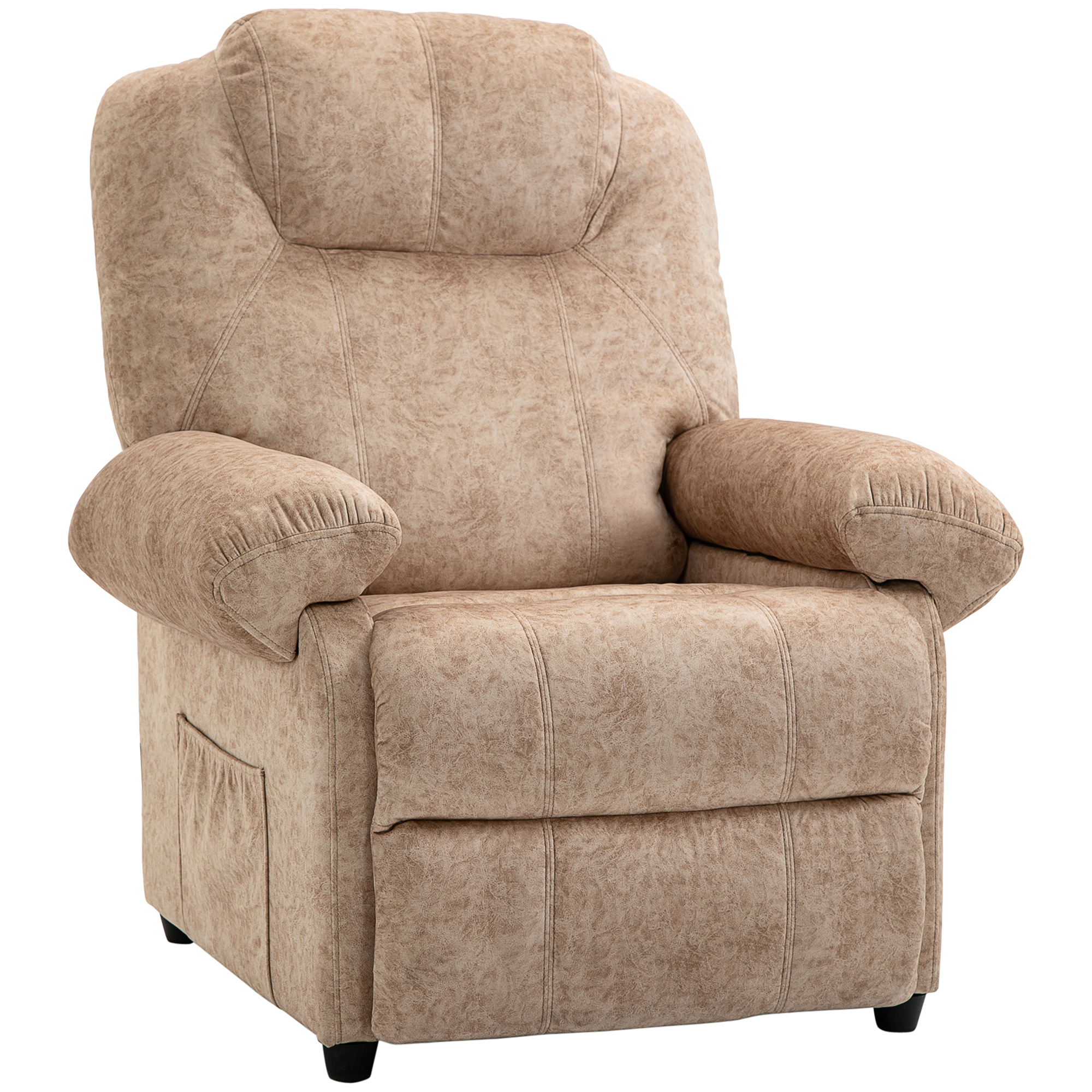 Una poltrona reclinabile beige, con una leggera texture, isolata su bianco.