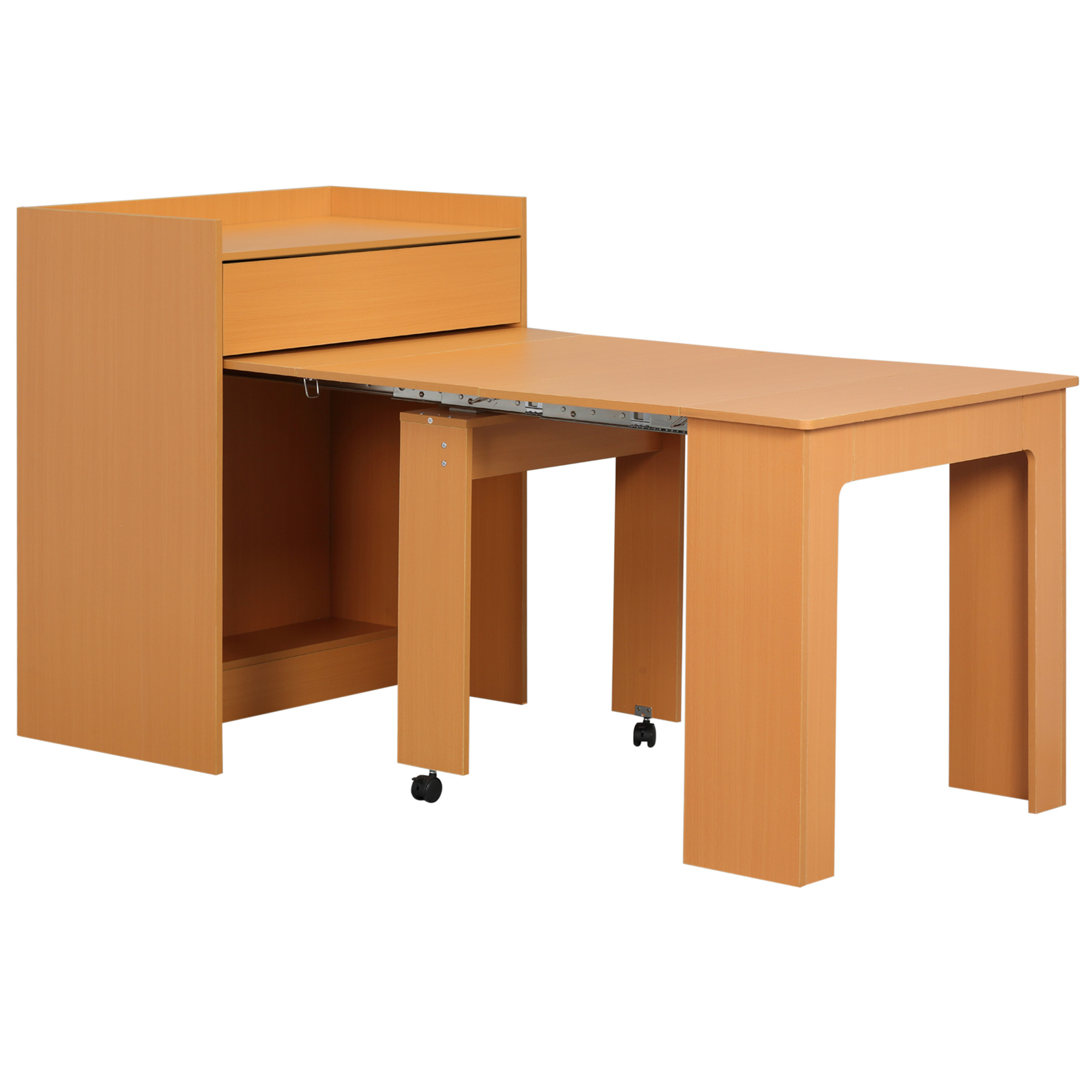 Scrivania in legno con cassetto ed estensione estraibile, su sfondo bianco.