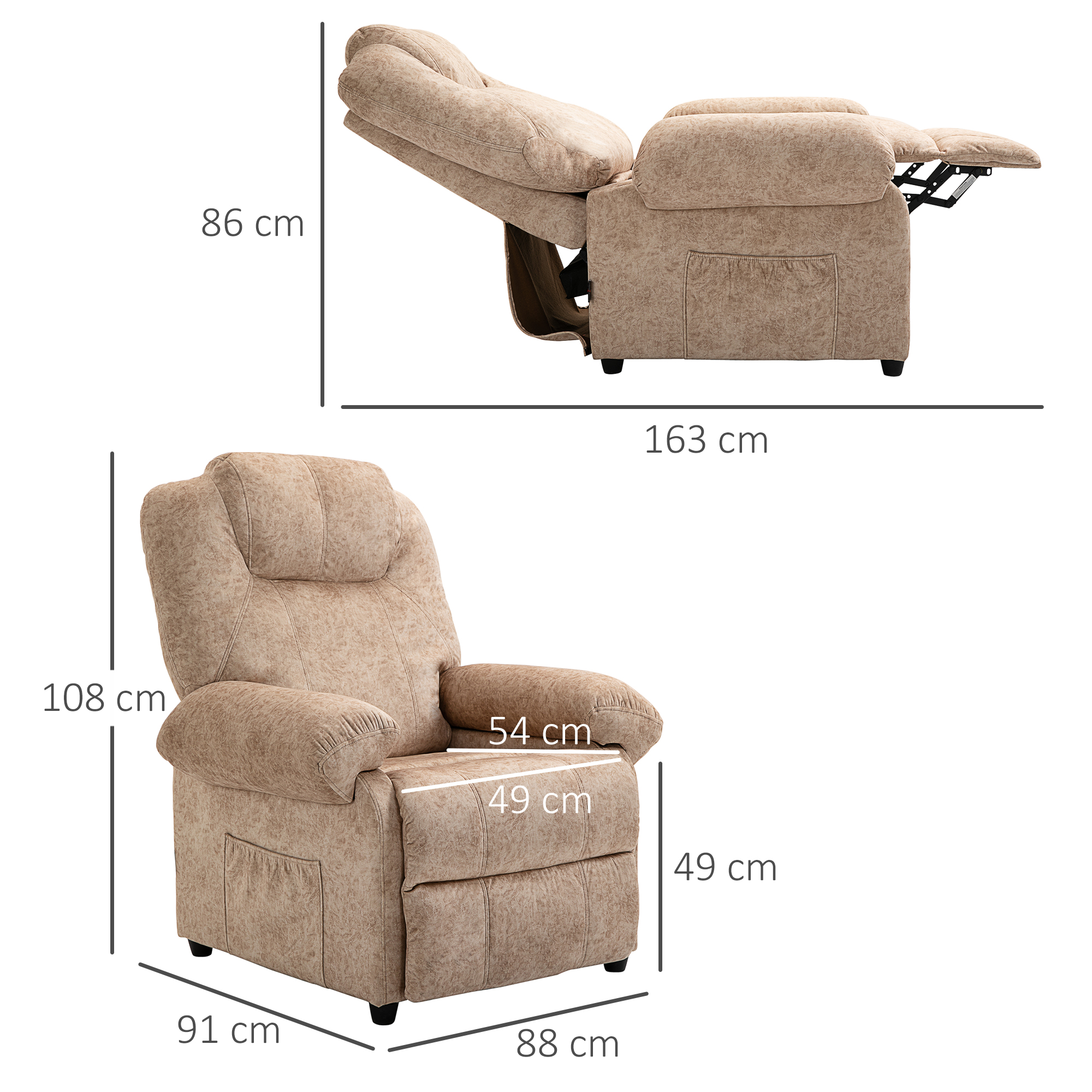 Una poltrona reclinabile beige con dimensioni: 108x91x88x49x54cm e 86x163cm.