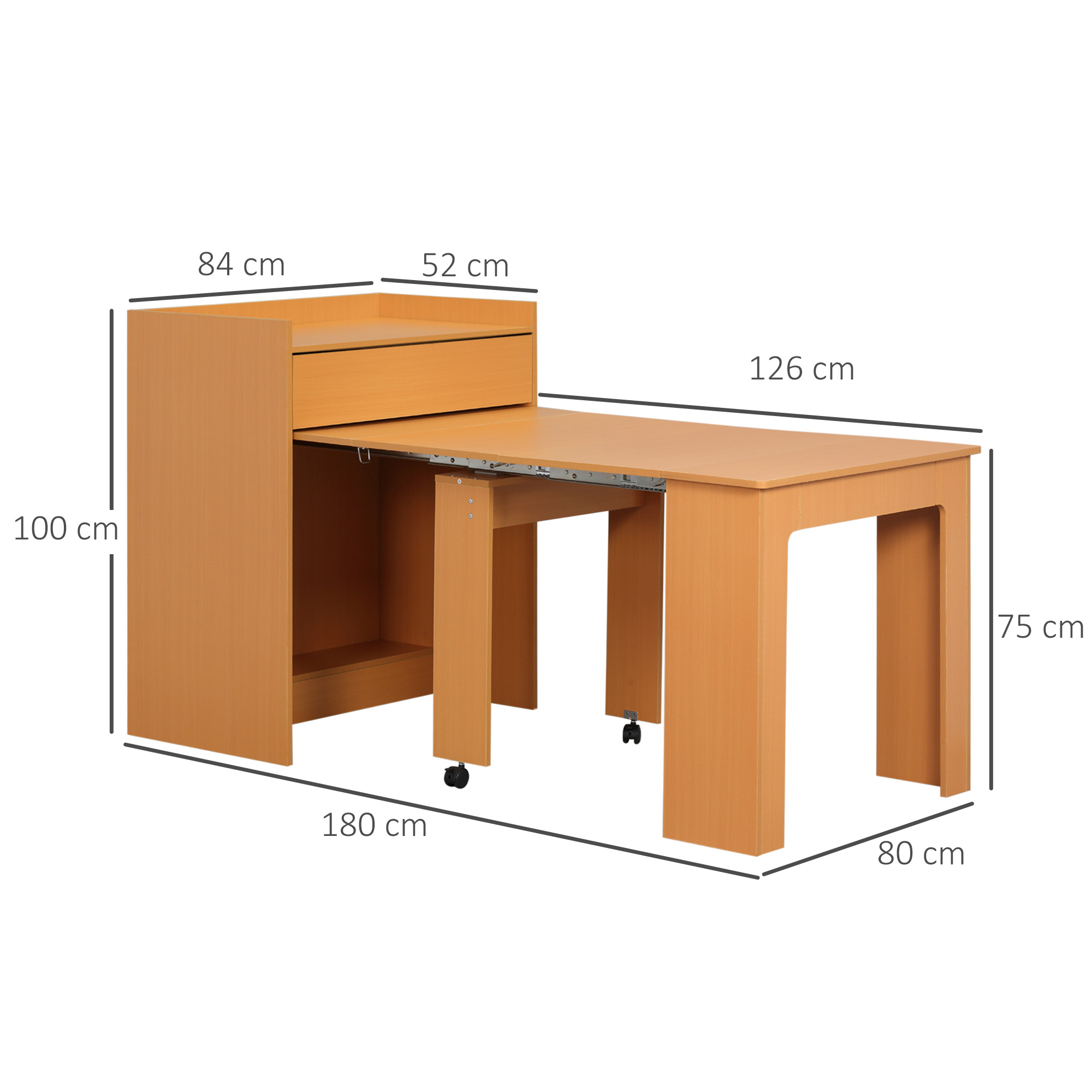 Scrivania in legno con cassetto, estensione e dimensioni in cm.