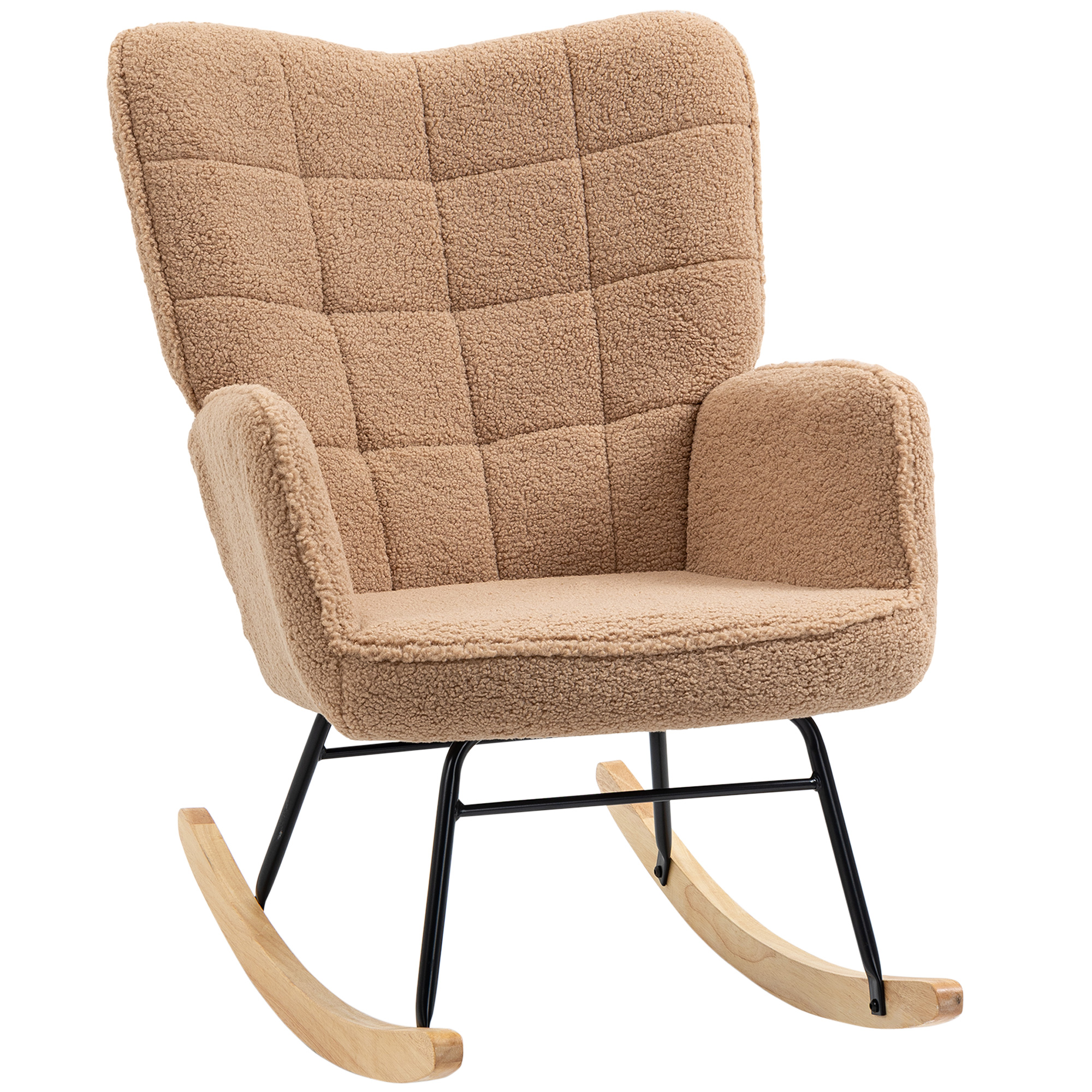 Poltrona a dondolo beige, trapuntata, con telaio nero e dondoli in legno chiaro, sfondo bianco.