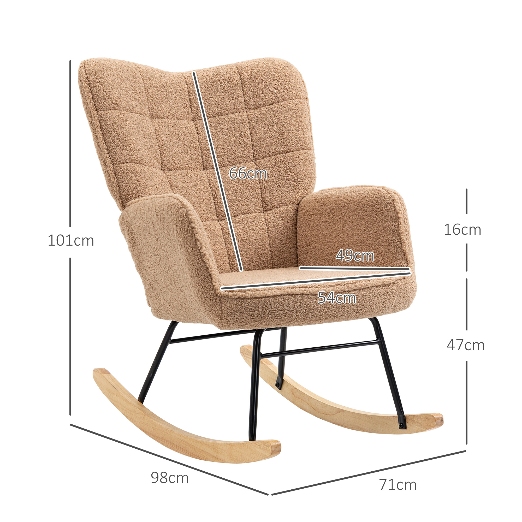 Poltrona a dondolo beige con telaio nero e dondoli in legno. Dimensioni etichettate sulla sedia.