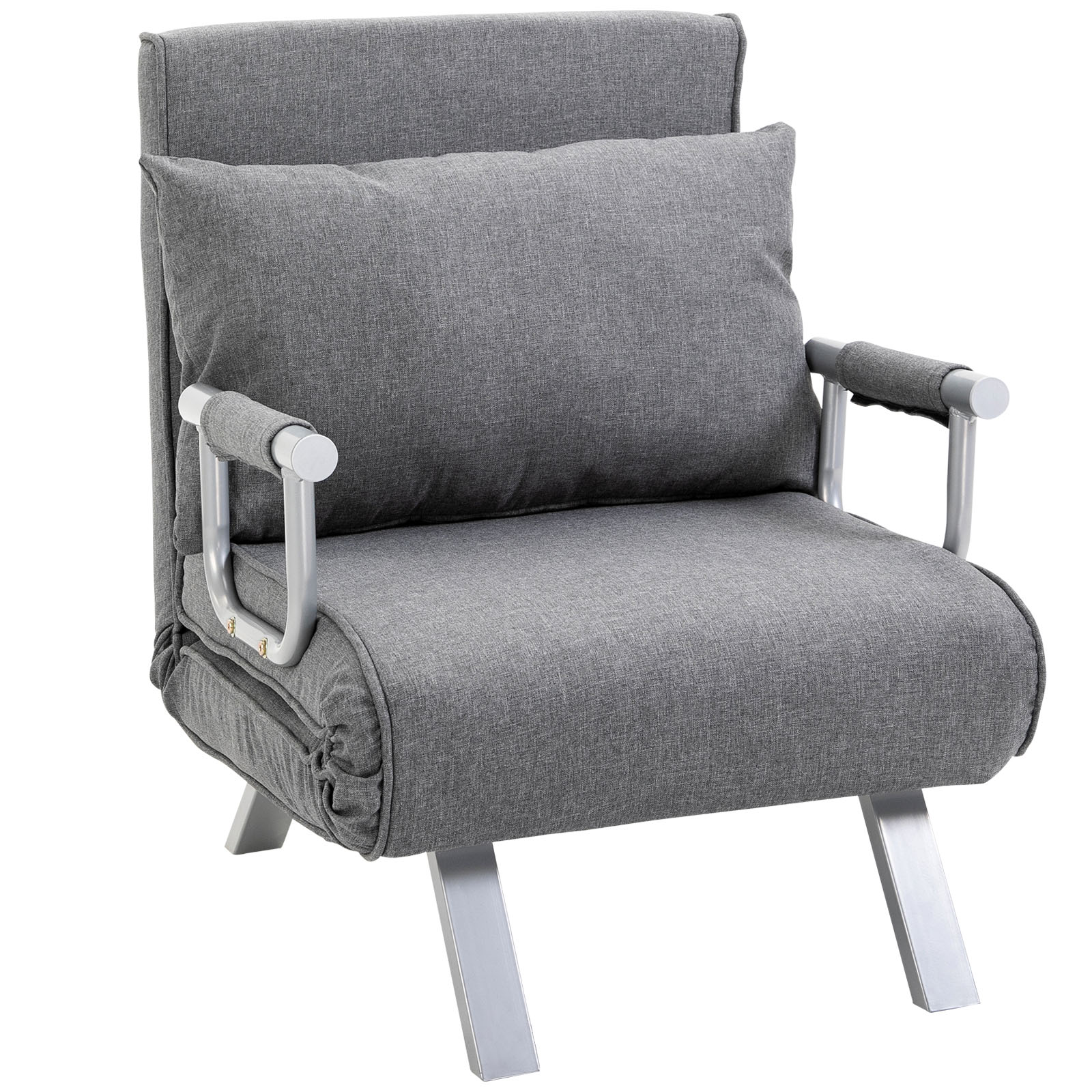 Poltrona grigia trasformabile con cuscino. Struttura e gambe argentate. Sfondo bianco.