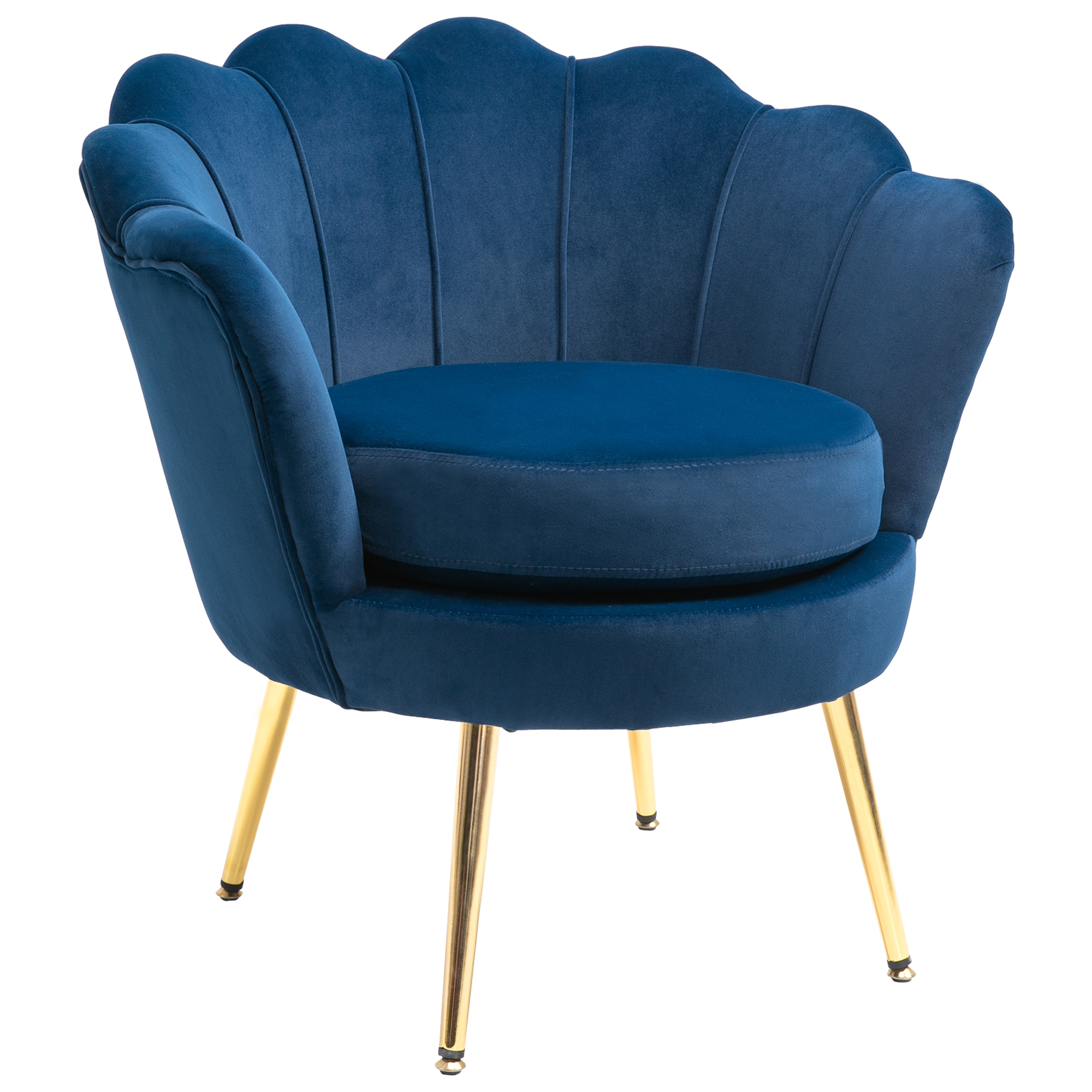 Sedia a conchiglia in velluto blu con gambe dorate. È su sfondo bianco.