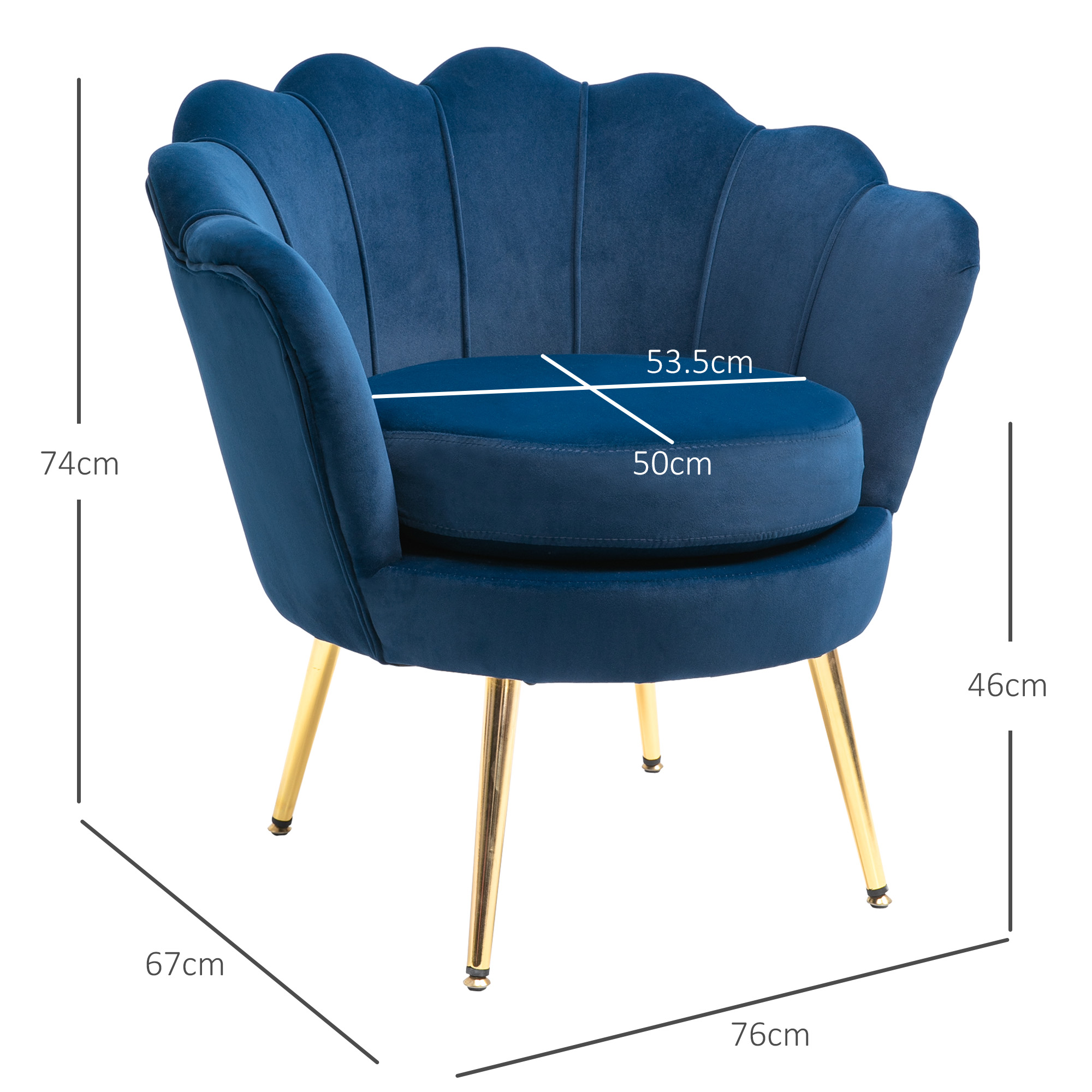 Una sedia blu a forma di conchiglia con gambe dorate, dimensioni: 74x67x76x46x50x53,5cm.