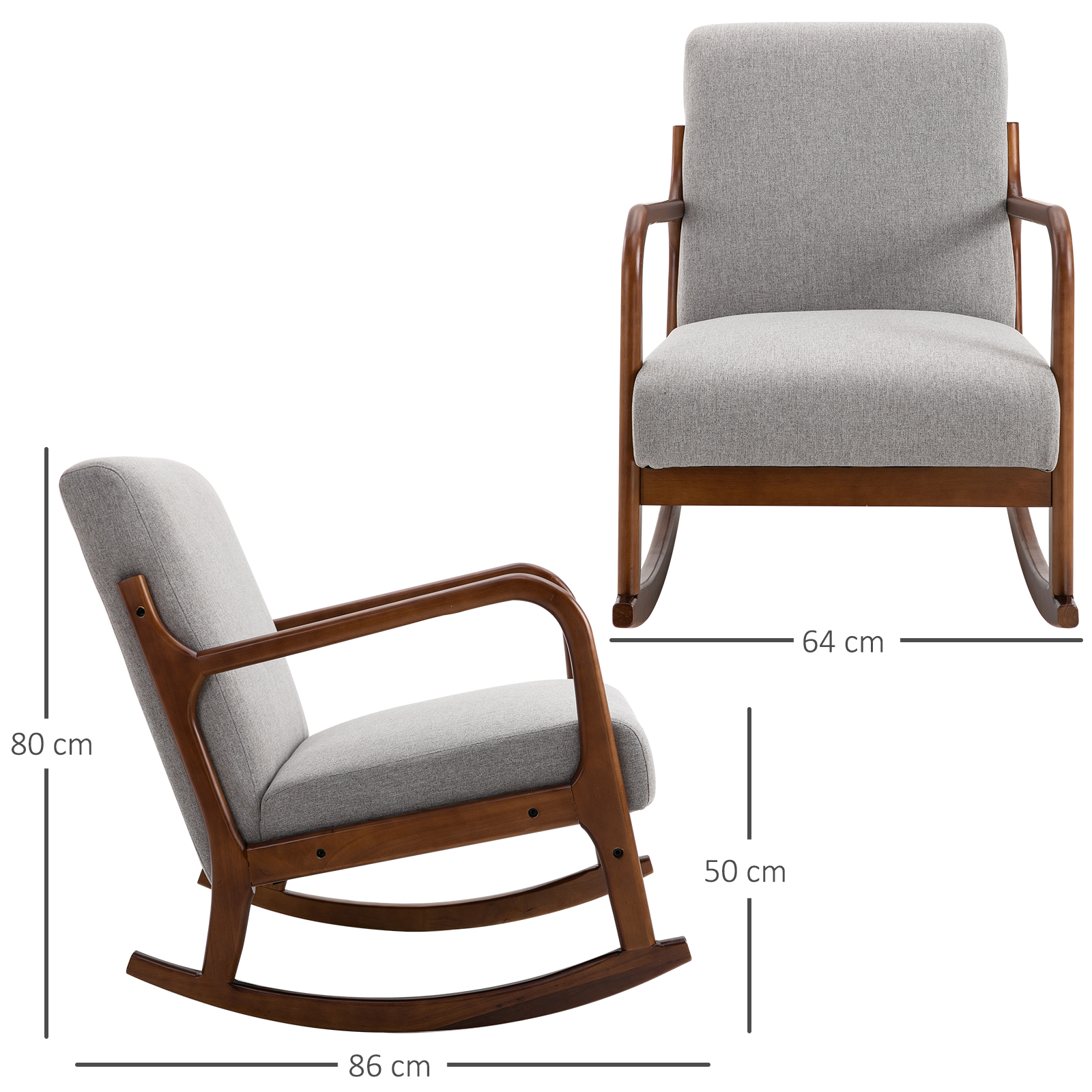 Sedia a dondolo grigia con struttura in legno. Le dimensioni sono fornite. Sfondo bianco.