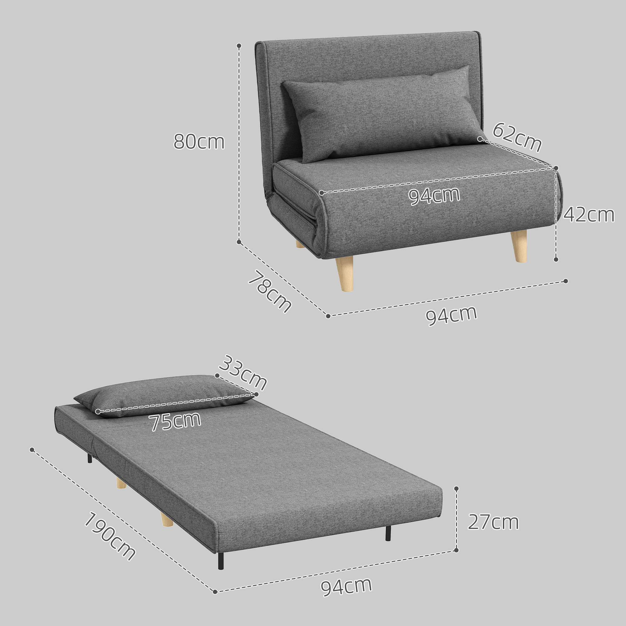 Un divano letto grigio. Ha dimensioni in cm. È aperto. Sfondo: uno sfondo grigio.