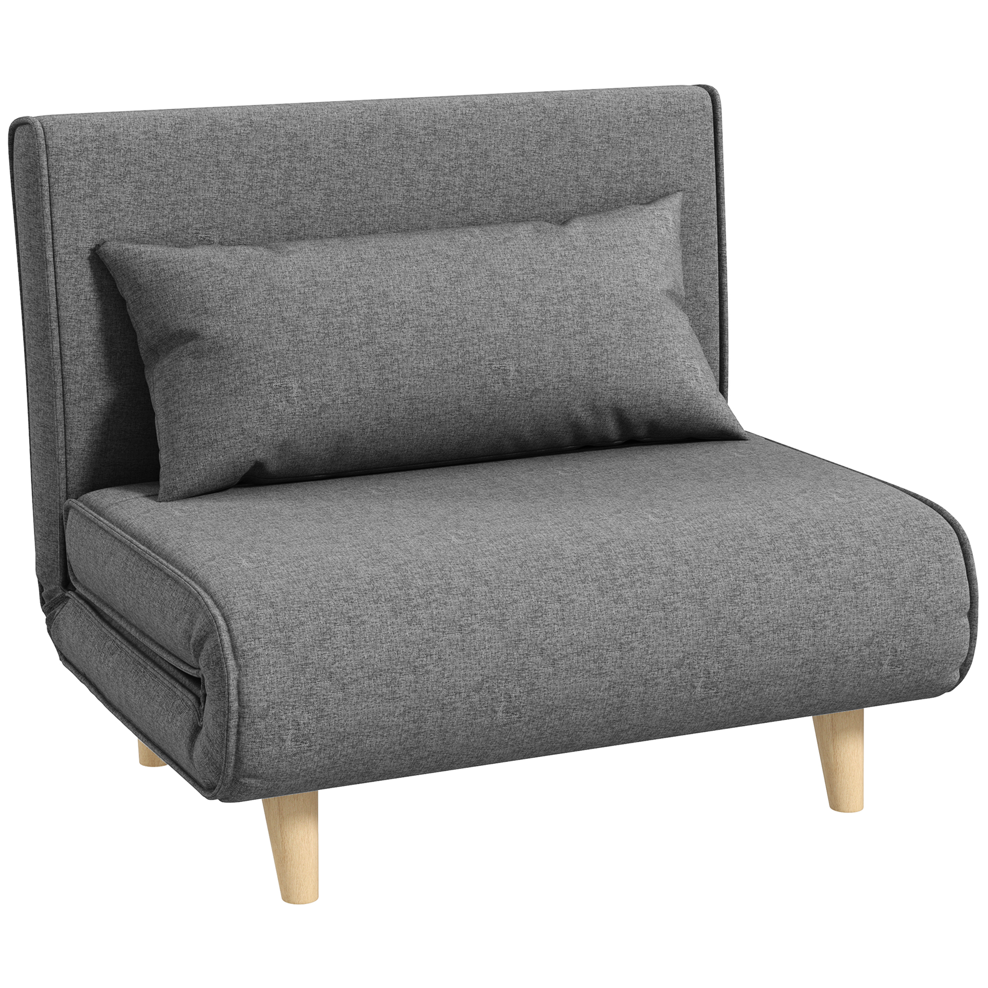 Una sedia convertibile grigia con un cuscino abbinato su sfondo bianco. Ha gambe in legno chiaro.