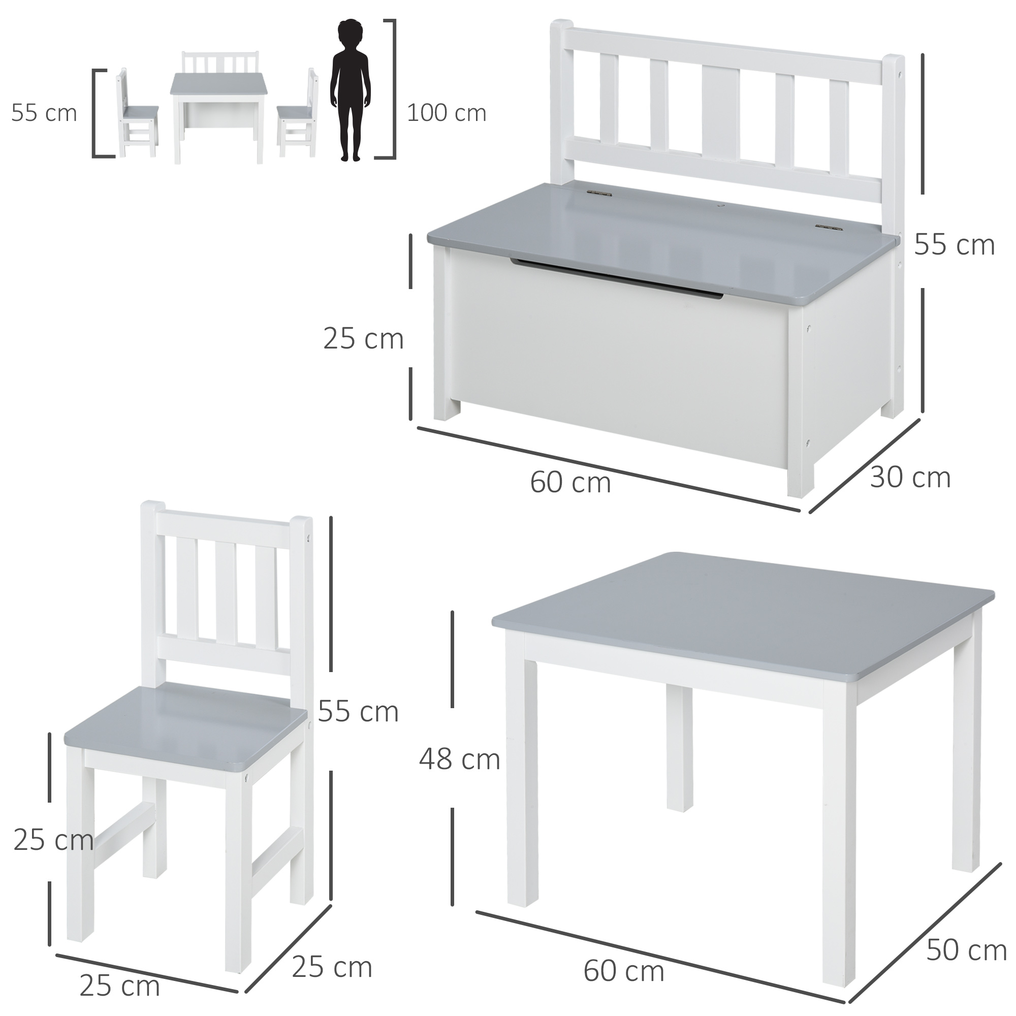 Un set di tavolo, sedia e panca per bambini bianco e grigio con etichette dimensionali.