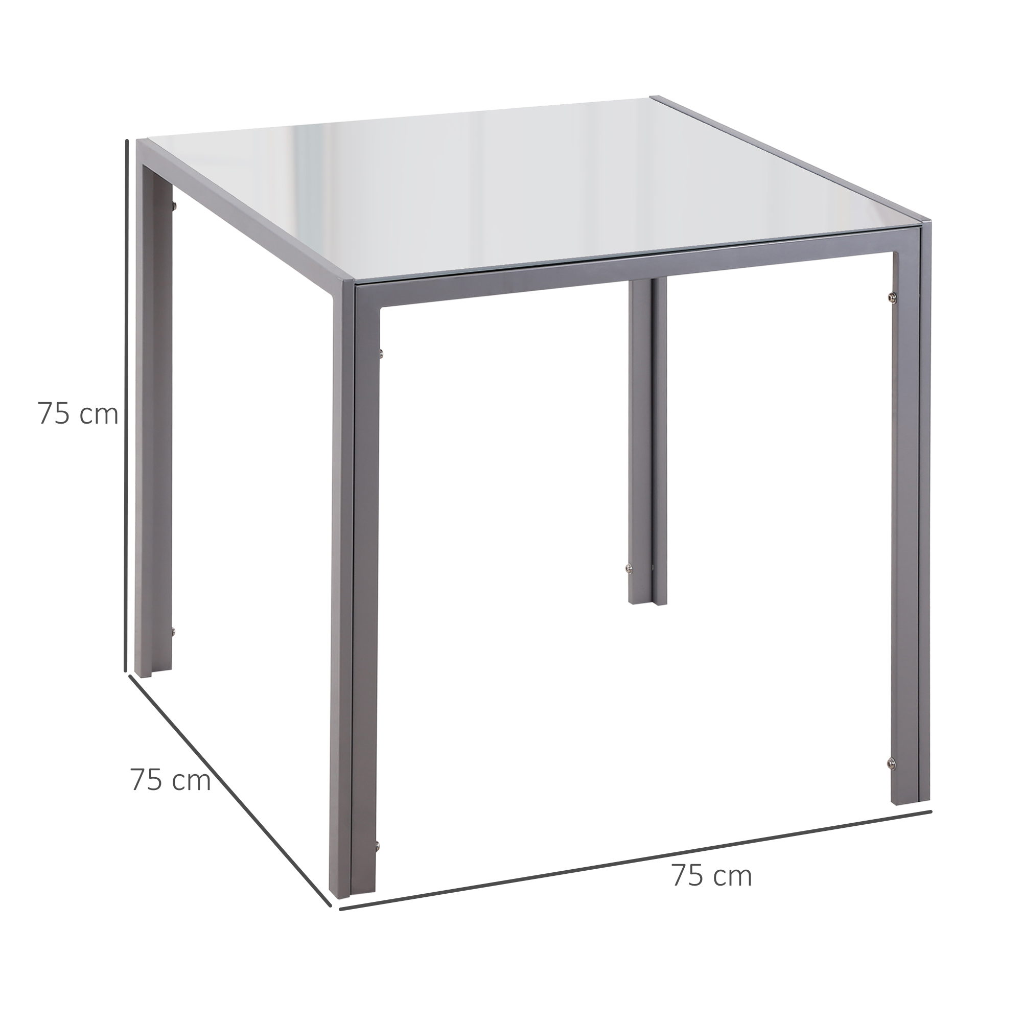 Un tavolo quadrato argentato. Ha piano e gambe in vetro. Le dimensioni sono 75 cm x 75 cm x 75 cm. Il tavolo è vuoto.