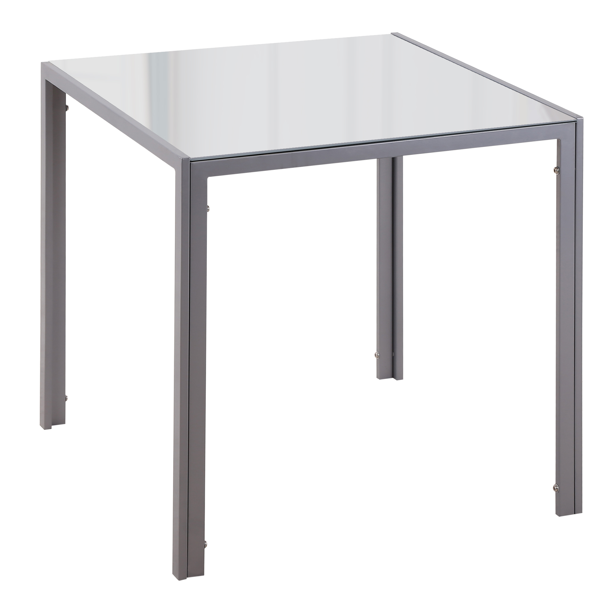 Tavolo quadrato con piano in vetro e struttura in metallo grigio.