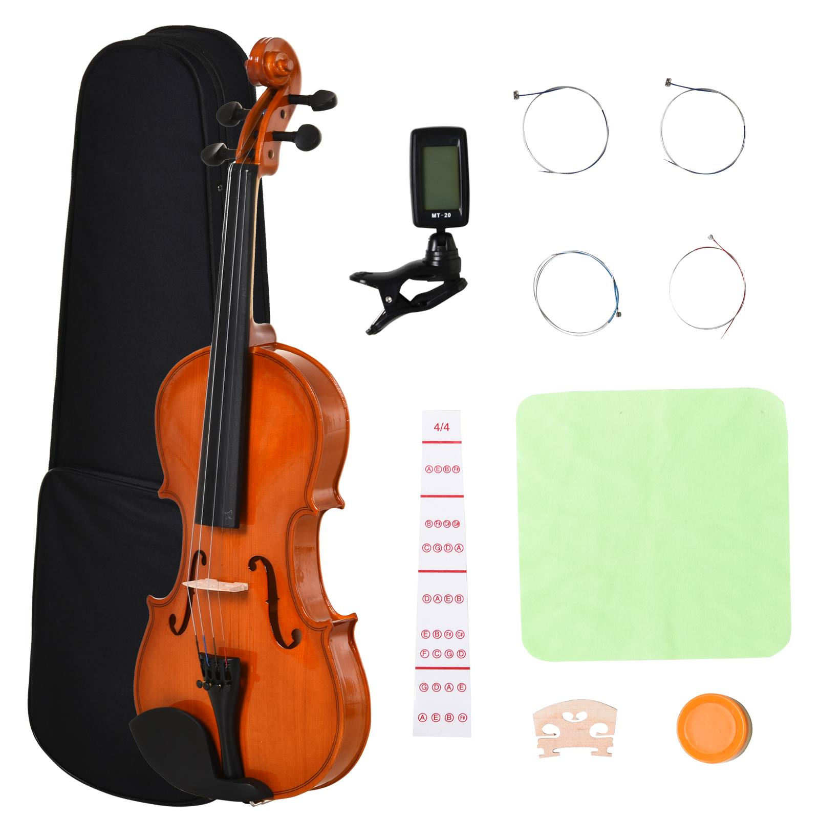 Un violino con custodia, accordatore, corde e accessori su sfondo bianco.