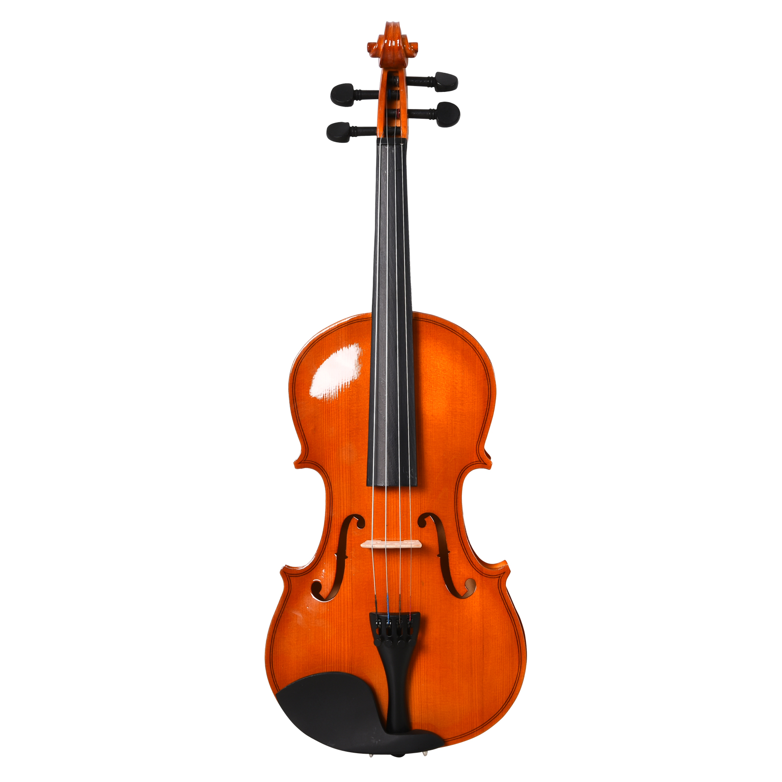 Un violino di legno su sfondo bianco. Il violino è marrone e ha una tastiera e corde nere.