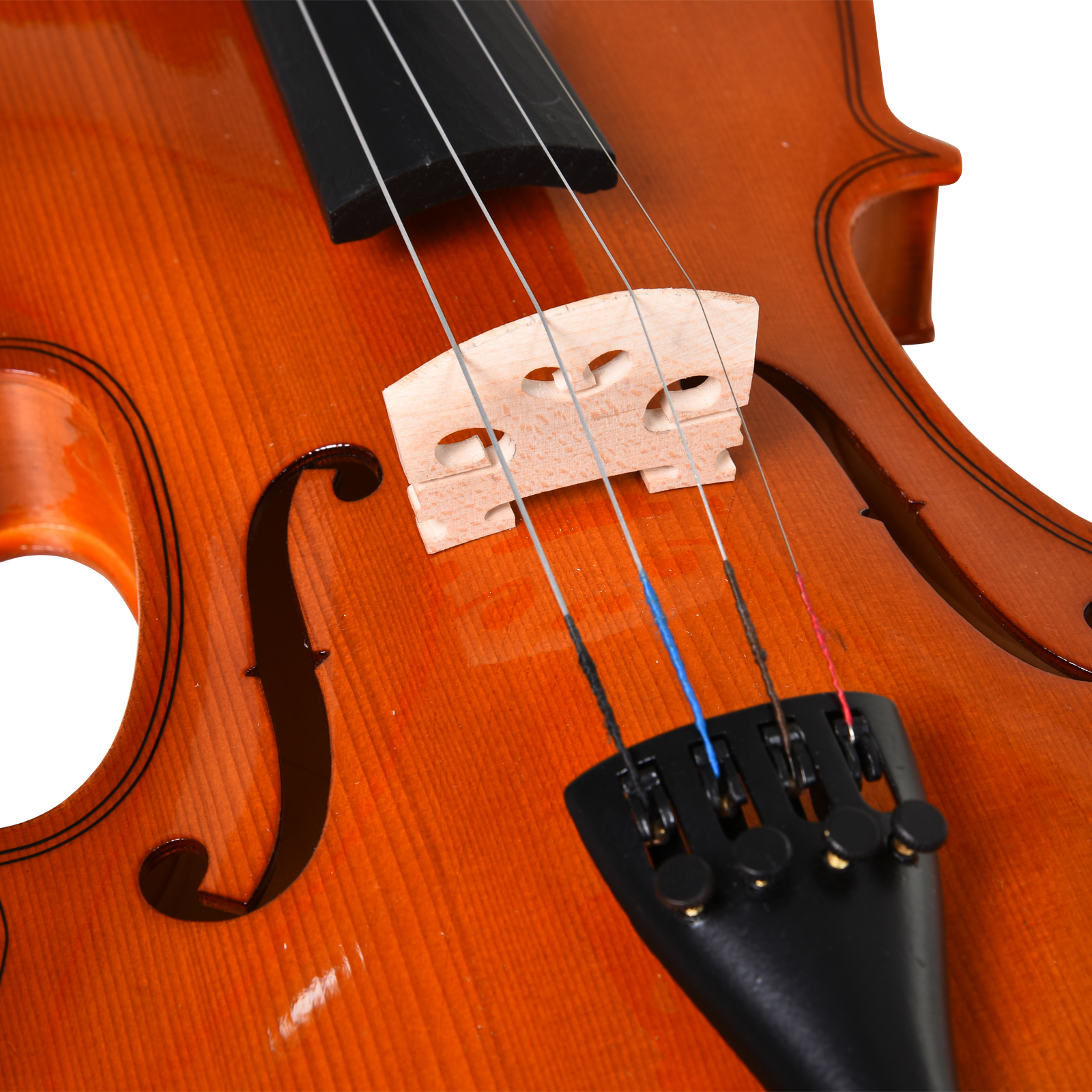 Primo piano di un violino. Corde, ponticello e fori a f visibili su superficie marrone.