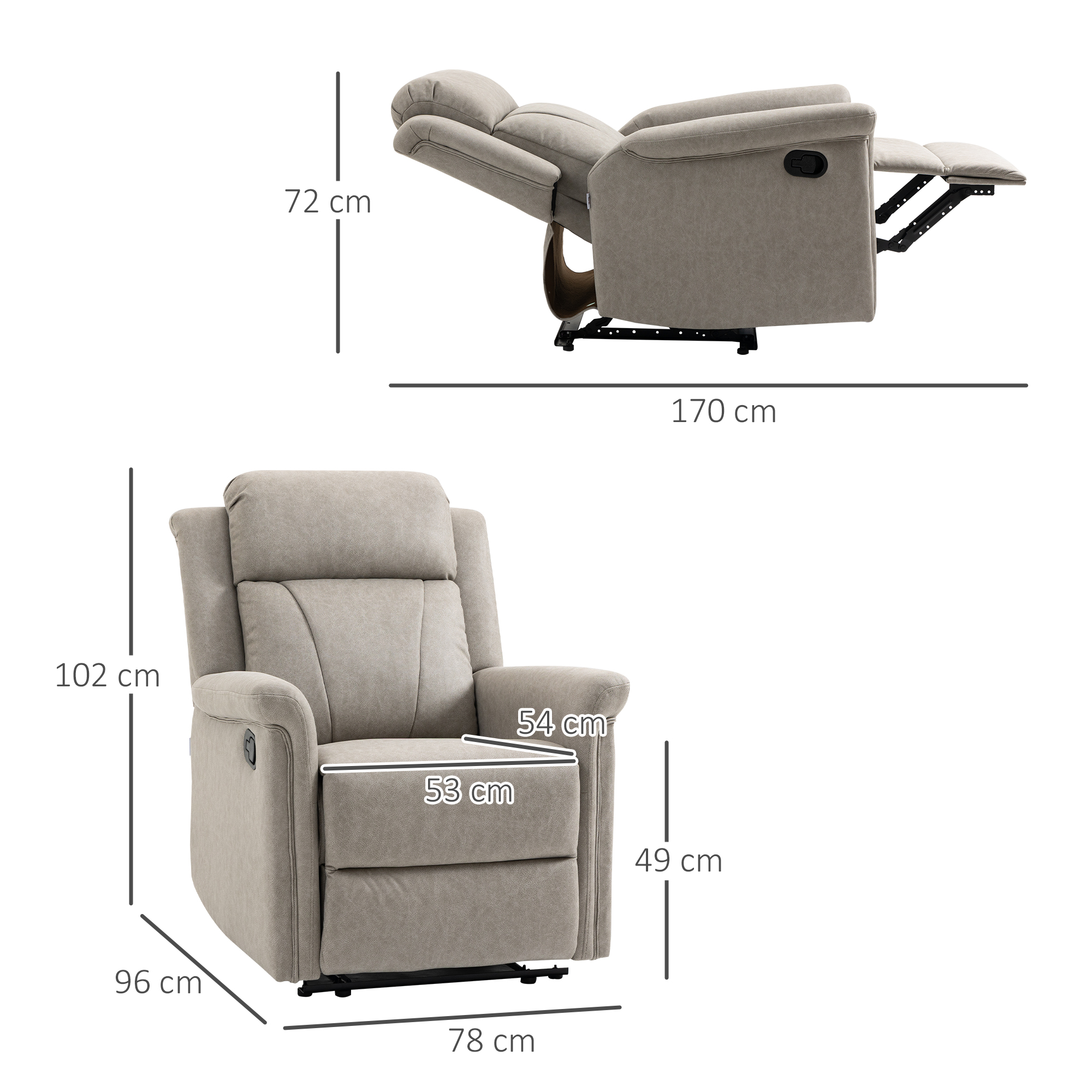 Una poltrona reclinabile beige con dimensioni visualizzate. Sfondo bianco.