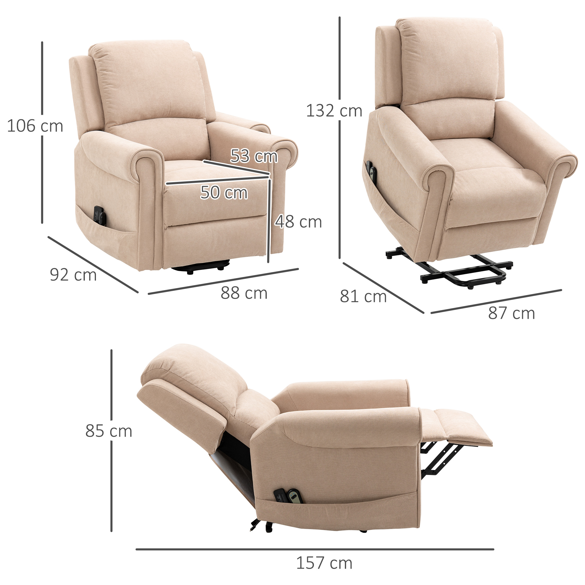 Tre poltrone reclinabili beige con dimensioni: 106x92x88x48x50x53cm, 132x81x87cm e 85x157cm.