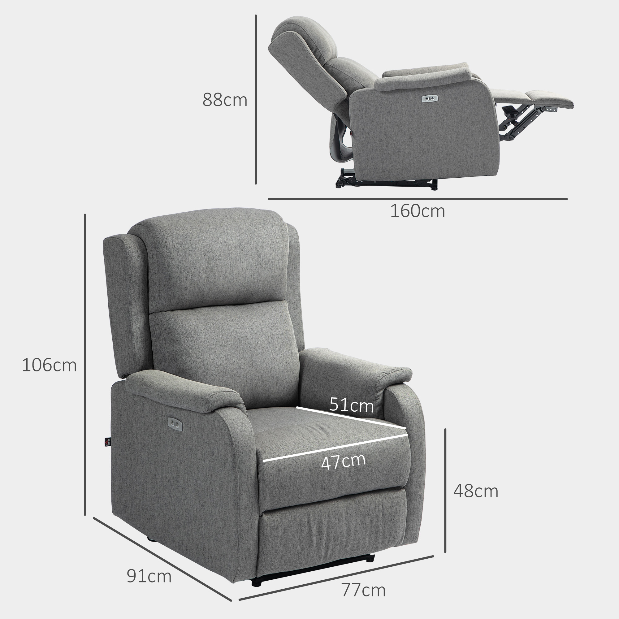 Poltrona elevabile in tessuto grigio con dimensioni. Sfondo bianco.