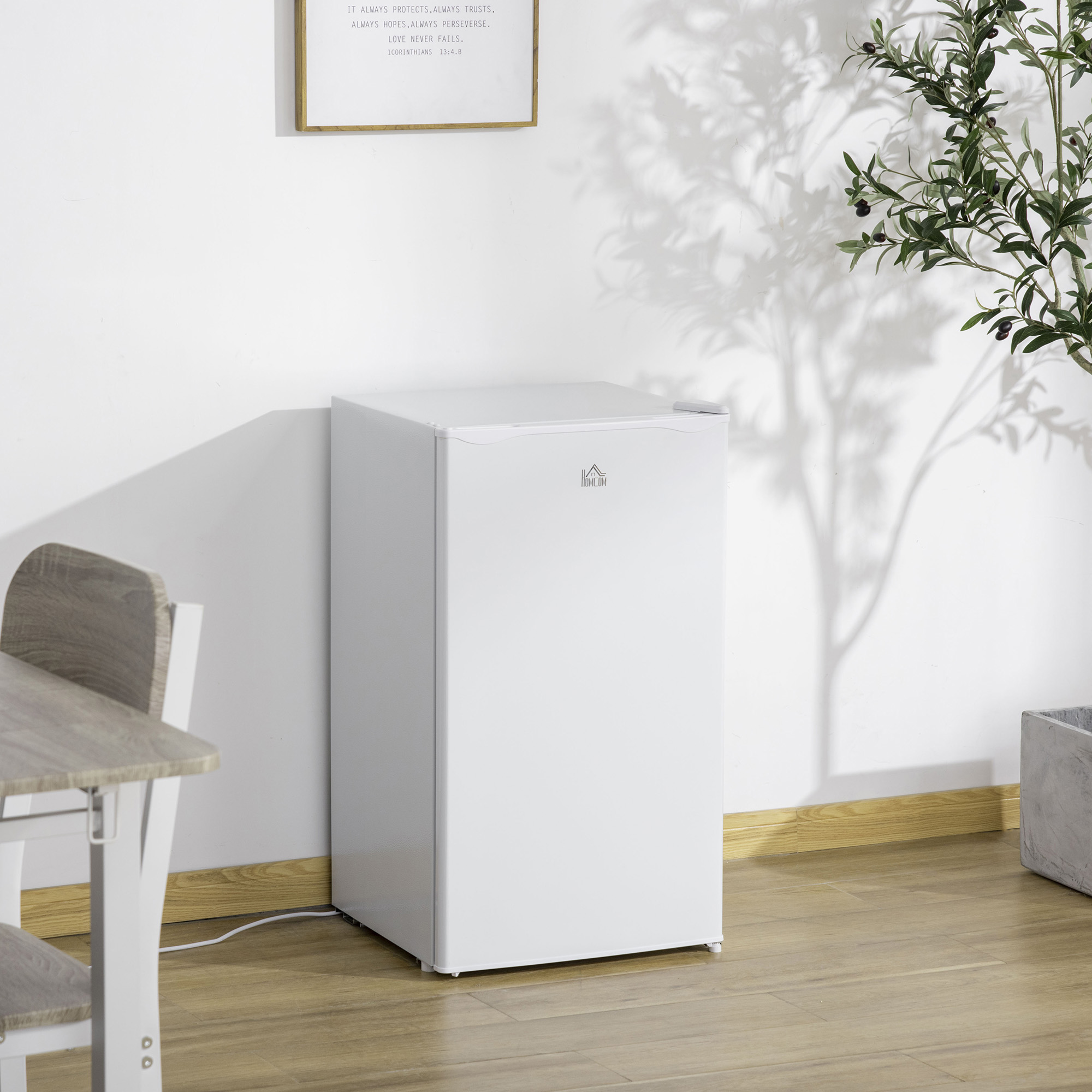 Mini frigo bianco in un angolo. Un tavolino e una pianta nelle vicinanze.