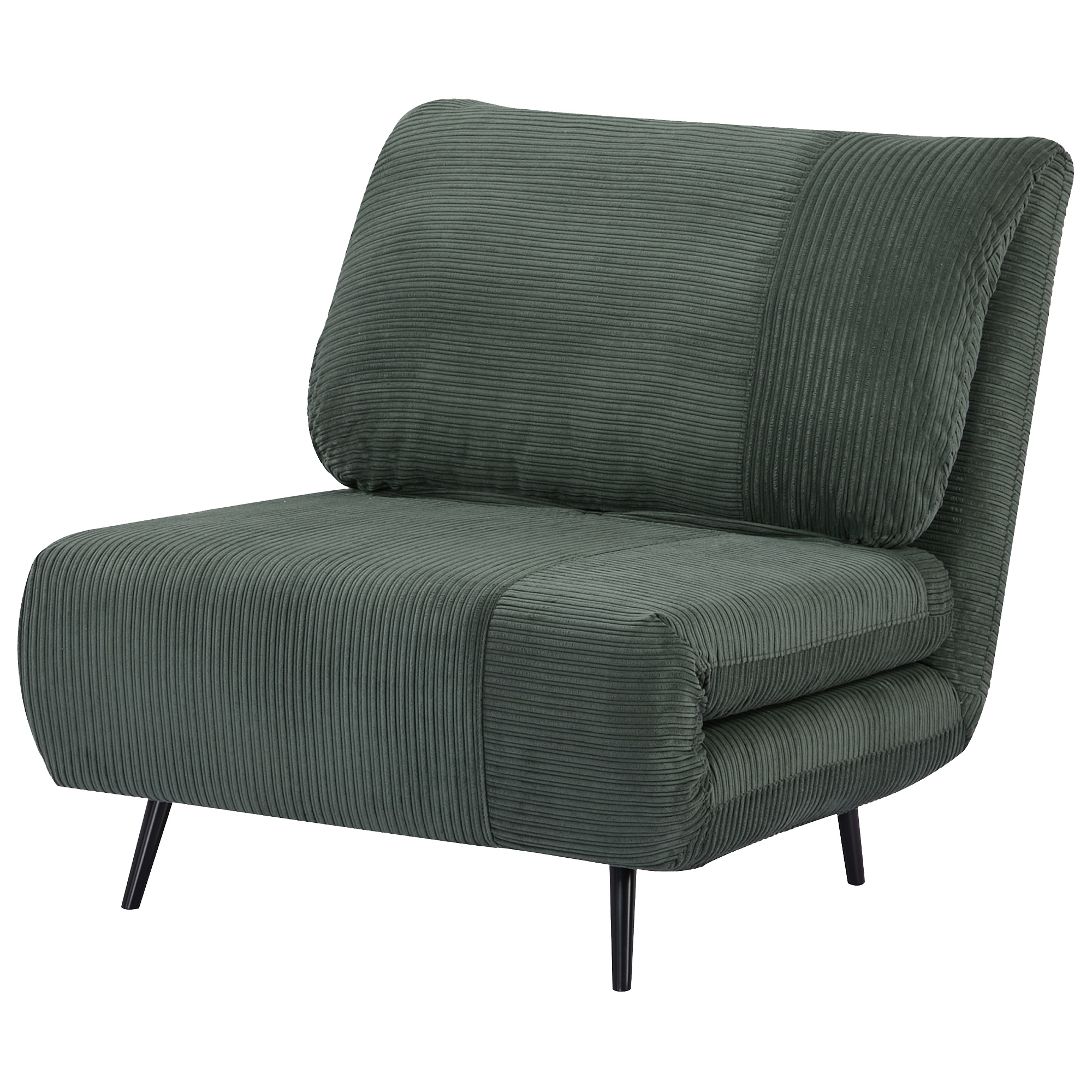 Una sedia in velluto a coste verde scuro con un cuscino. La sedia ha gambe nere e un design semplice.
