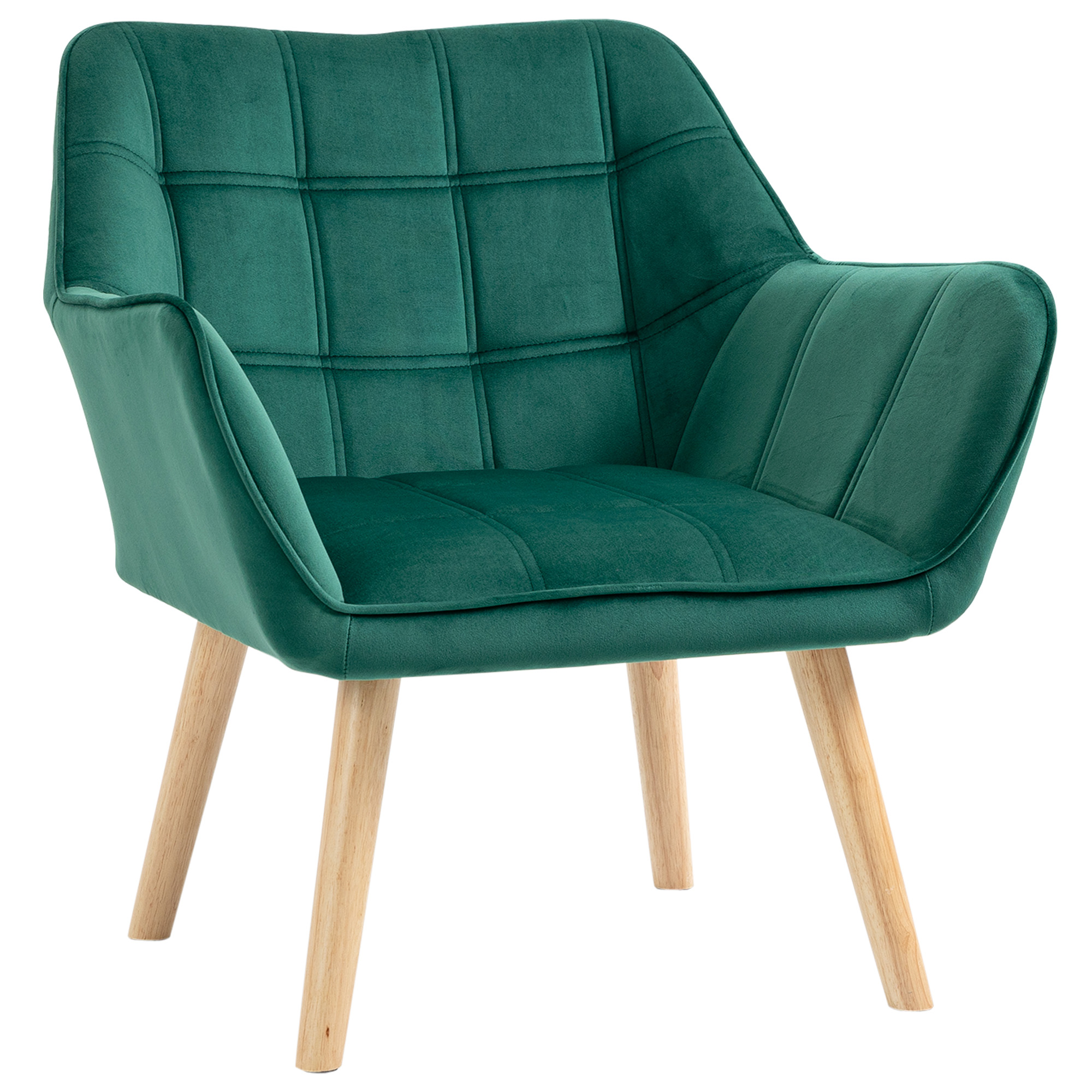 Sedia in velluto verde con gambe in legno. Seduta e schienale trapuntati, con braccioli.