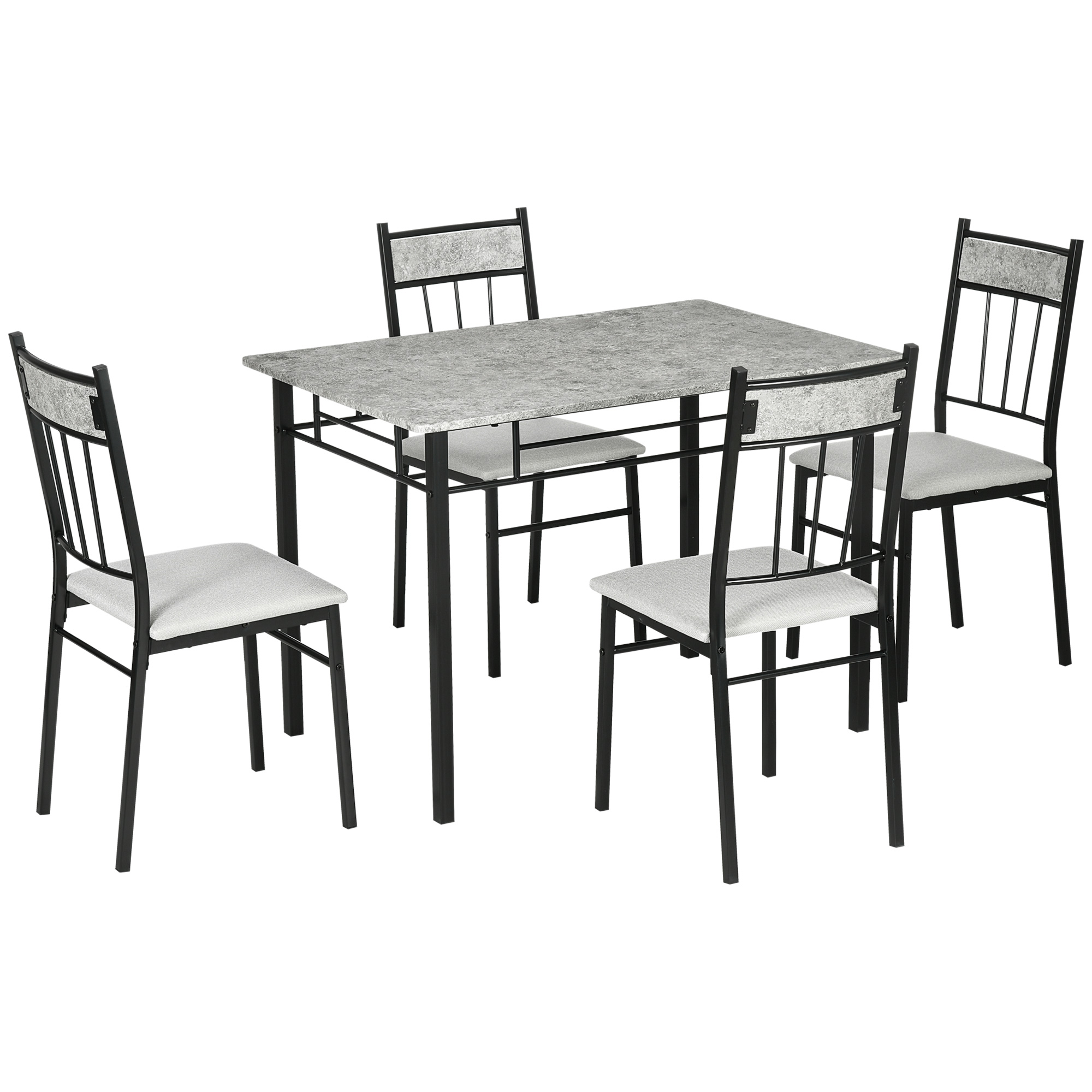Set tavolo da pranzo con quattro sedie. Tavolo e sedie grigi e neri.